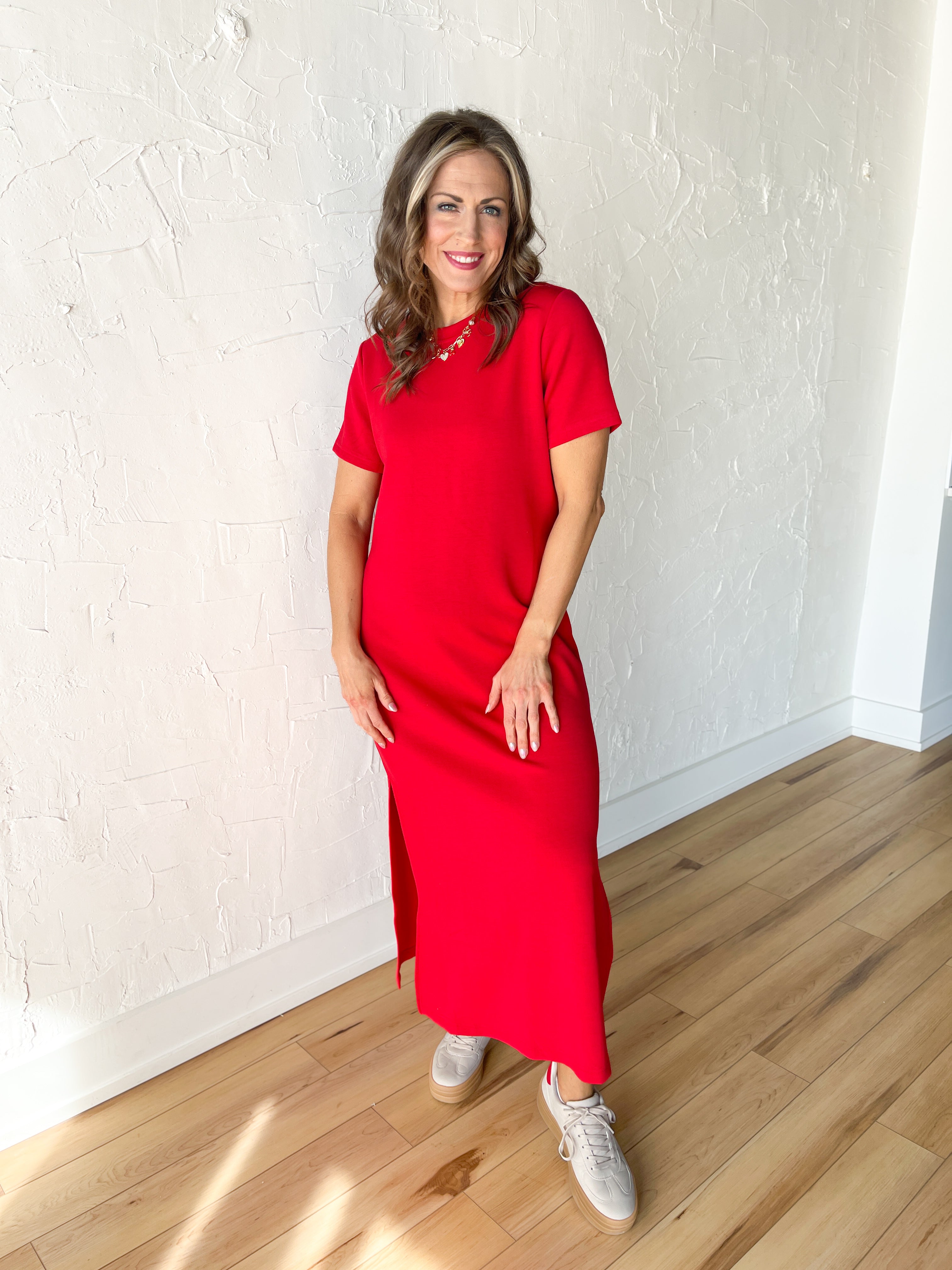 red scuba dress Goddiva Satin Plunge Neck Bardot Scuba Maxi Dress