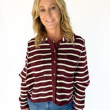 Collared Button Down Sweater- Wine/Ivory