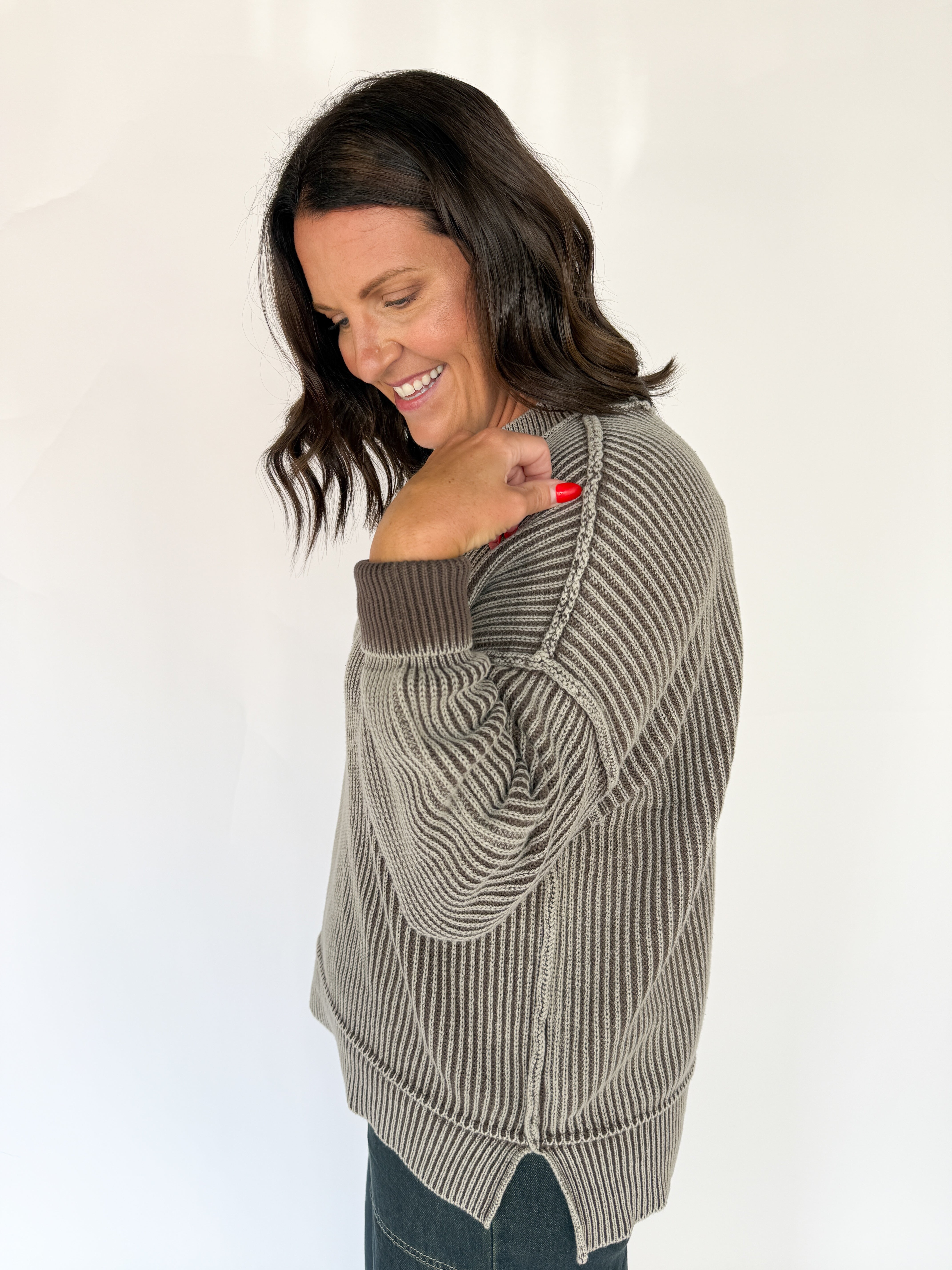 Washed Side Slit Sweater-Mocha - Ana Patricia Boutique