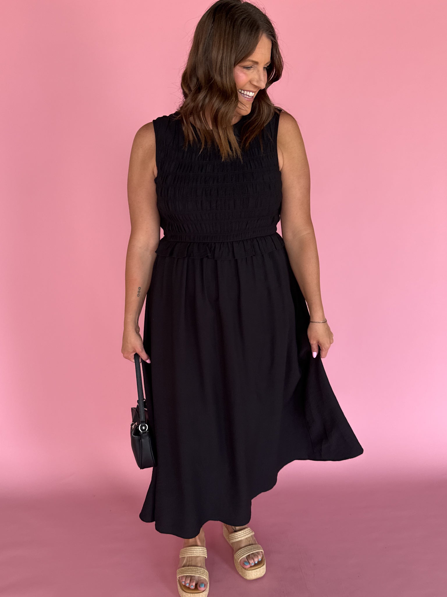 Smocked Bodice Midi Dress- Black Medium