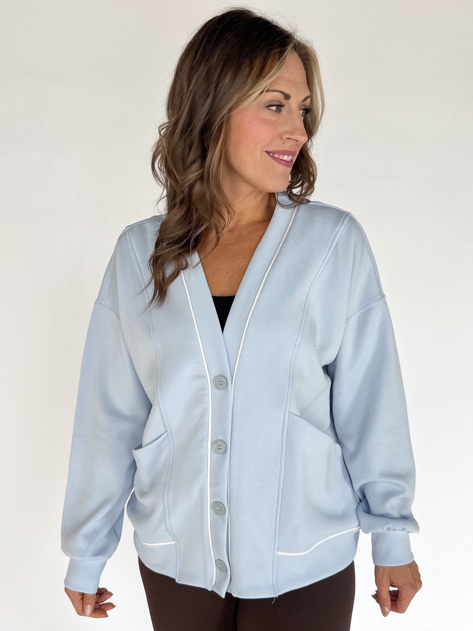 Scuba Piping Cardi- Blue/Cream - Ana Patricia Boutique