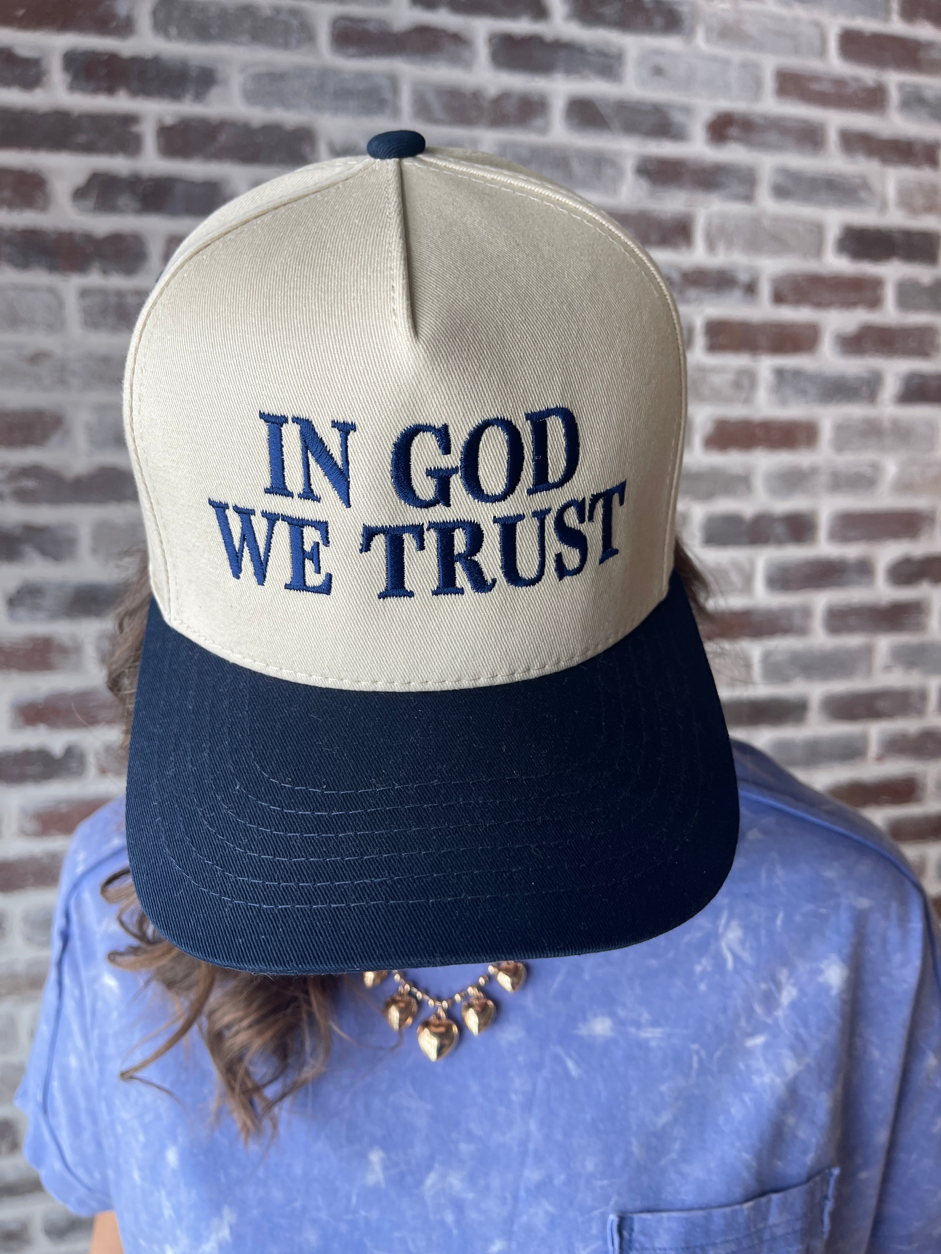 In God We Trust Trucker Hat- Navy - Ana Patricia Boutique