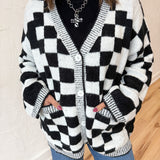 Checkered Sweater Cardigan- Blk/Wht