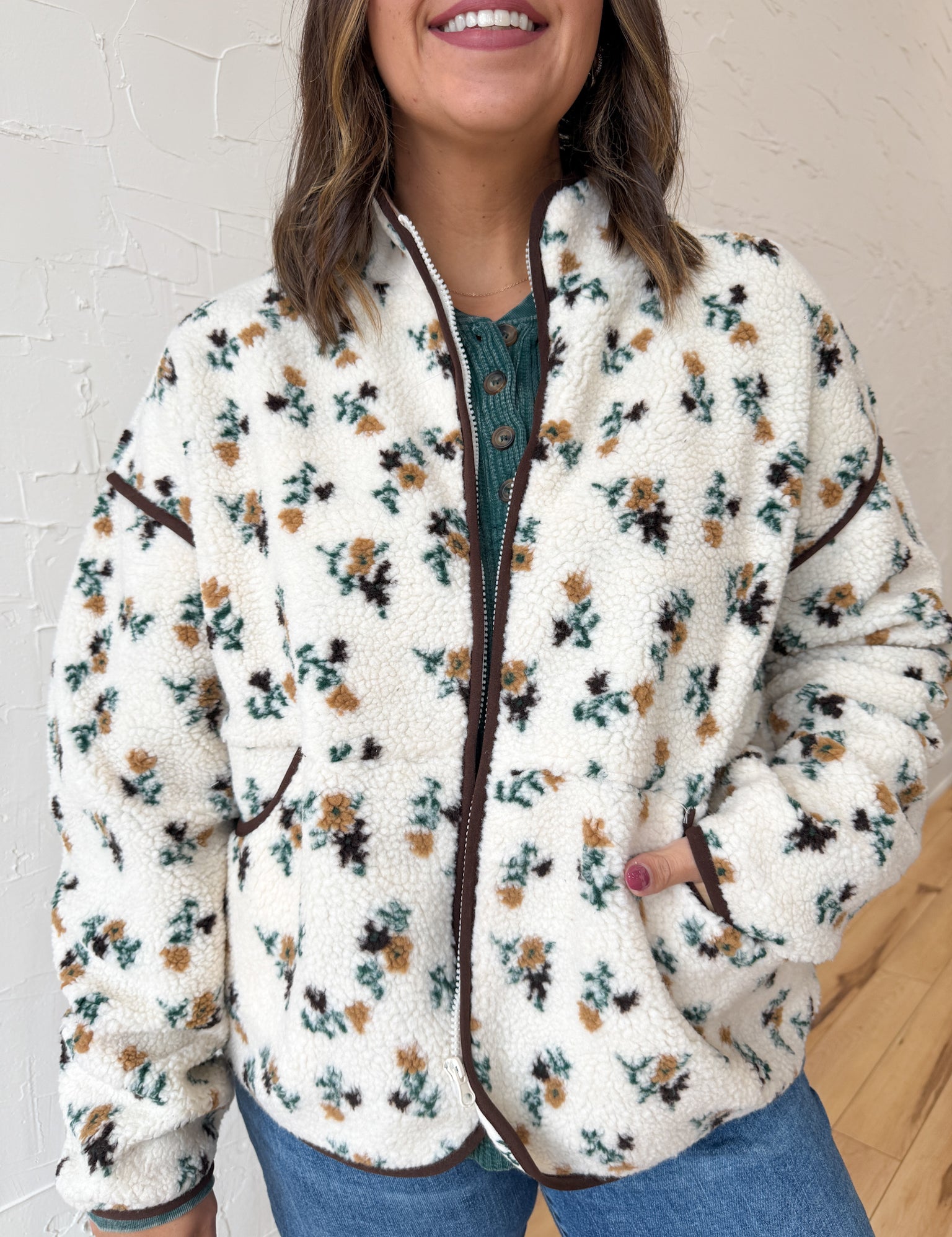 Floral Sherpa Jacket- Cream - Ana Patricia Boutique