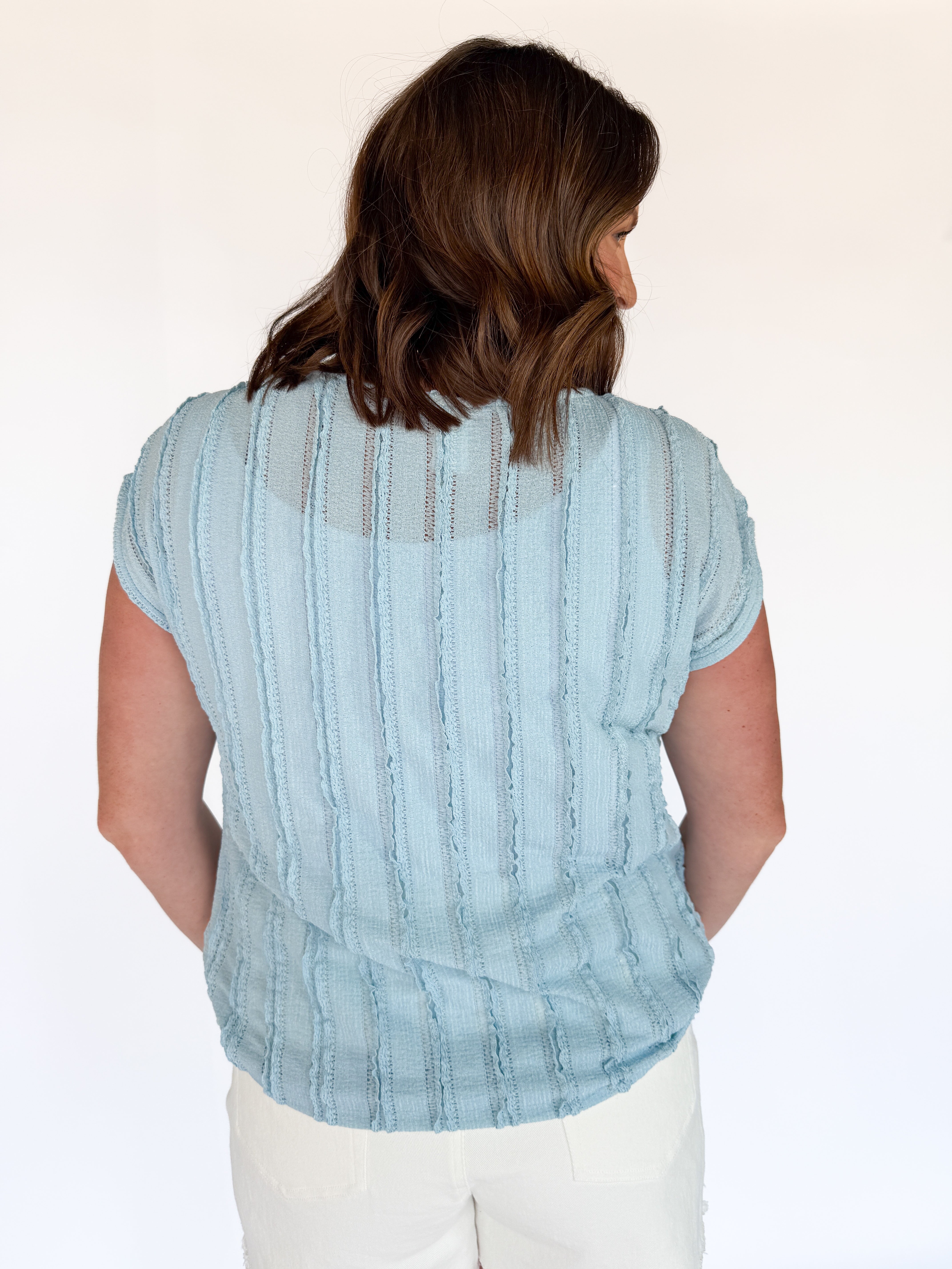 Cap Sleeve Textured Tee- Blue - Ana Patricia Boutique