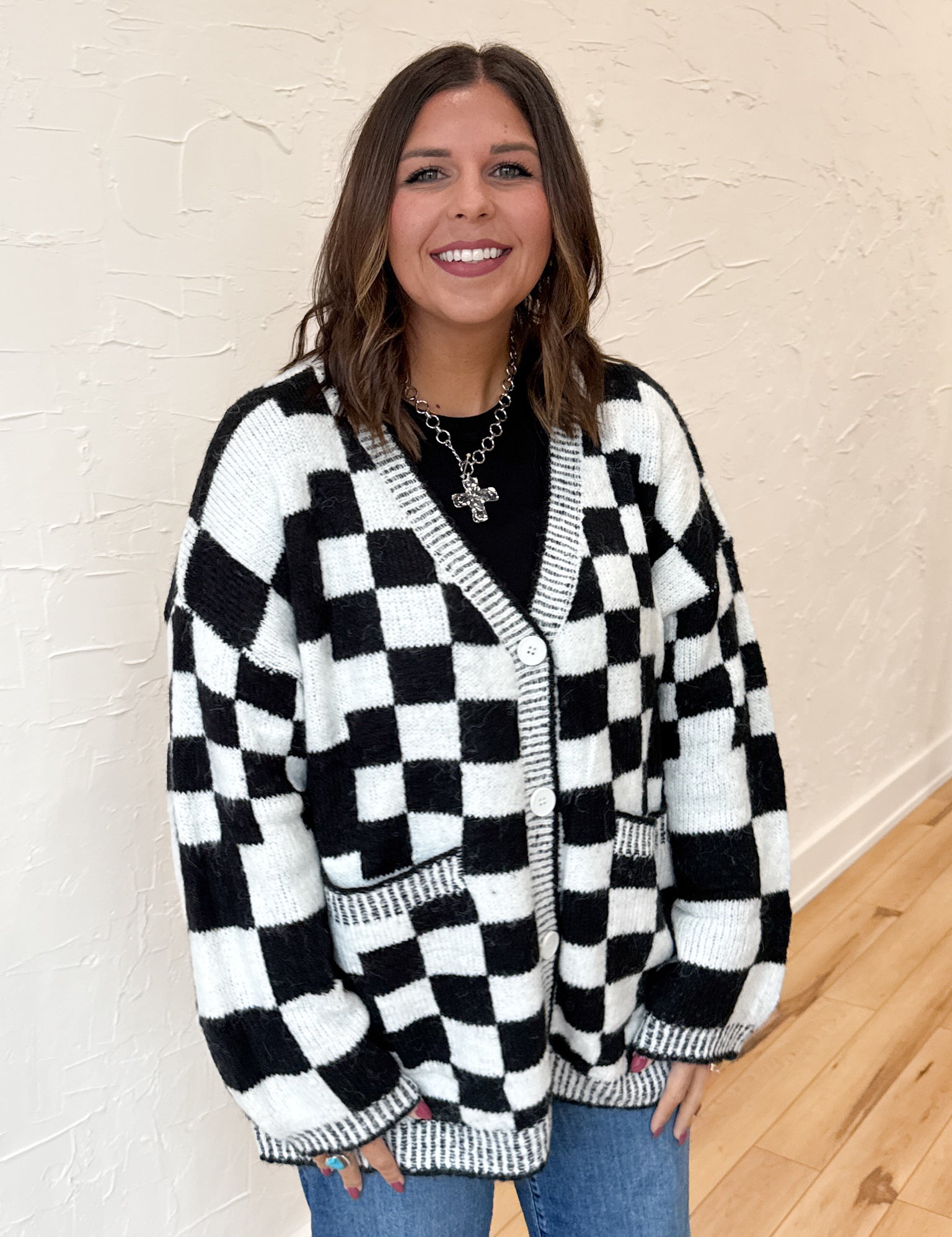 Checkered Sweater Cardigan- Blk/Wht - Ana Patricia Boutique
