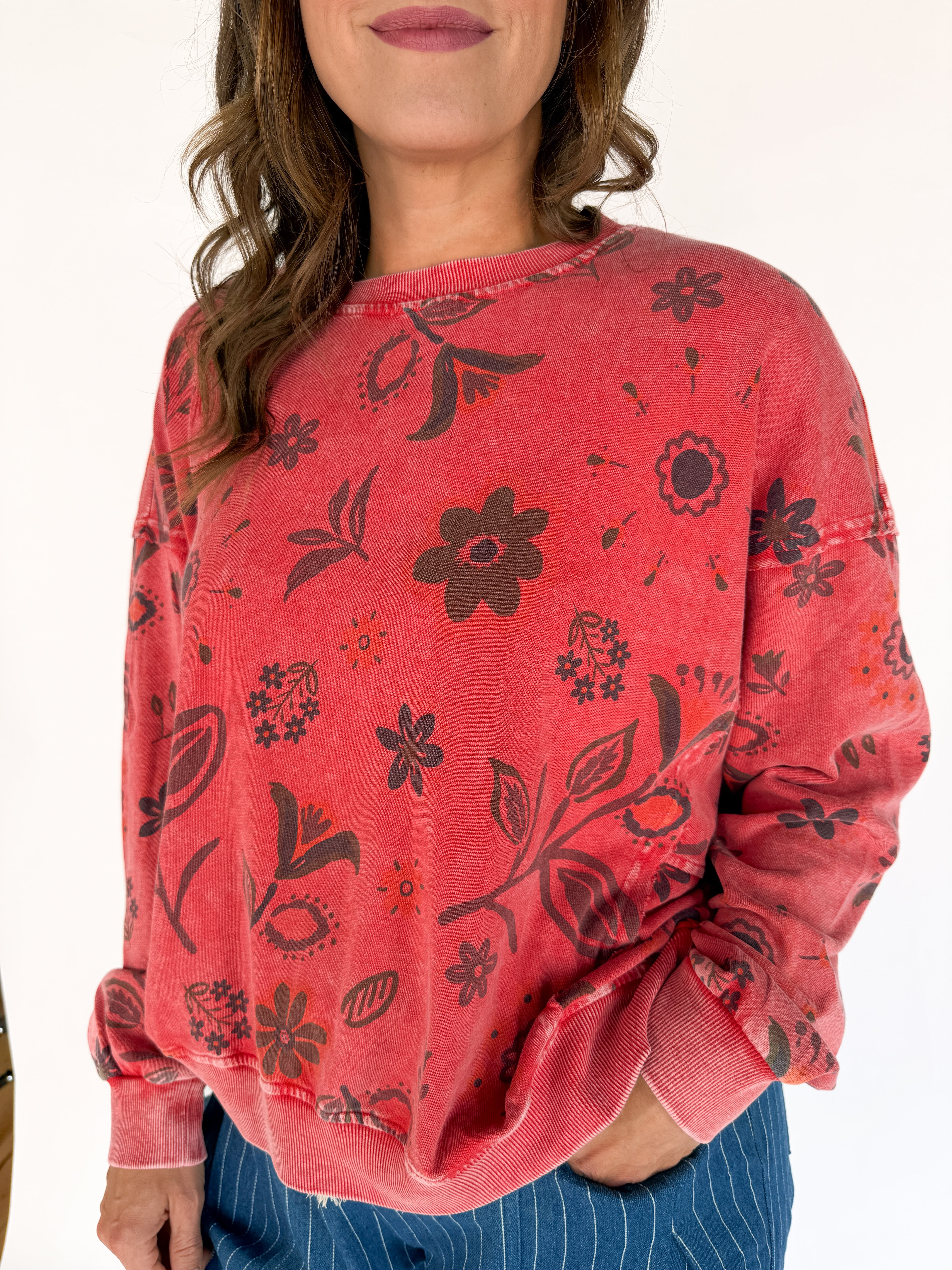 Floral Print Pullover- Boho Red - Ana Patricia Boutique