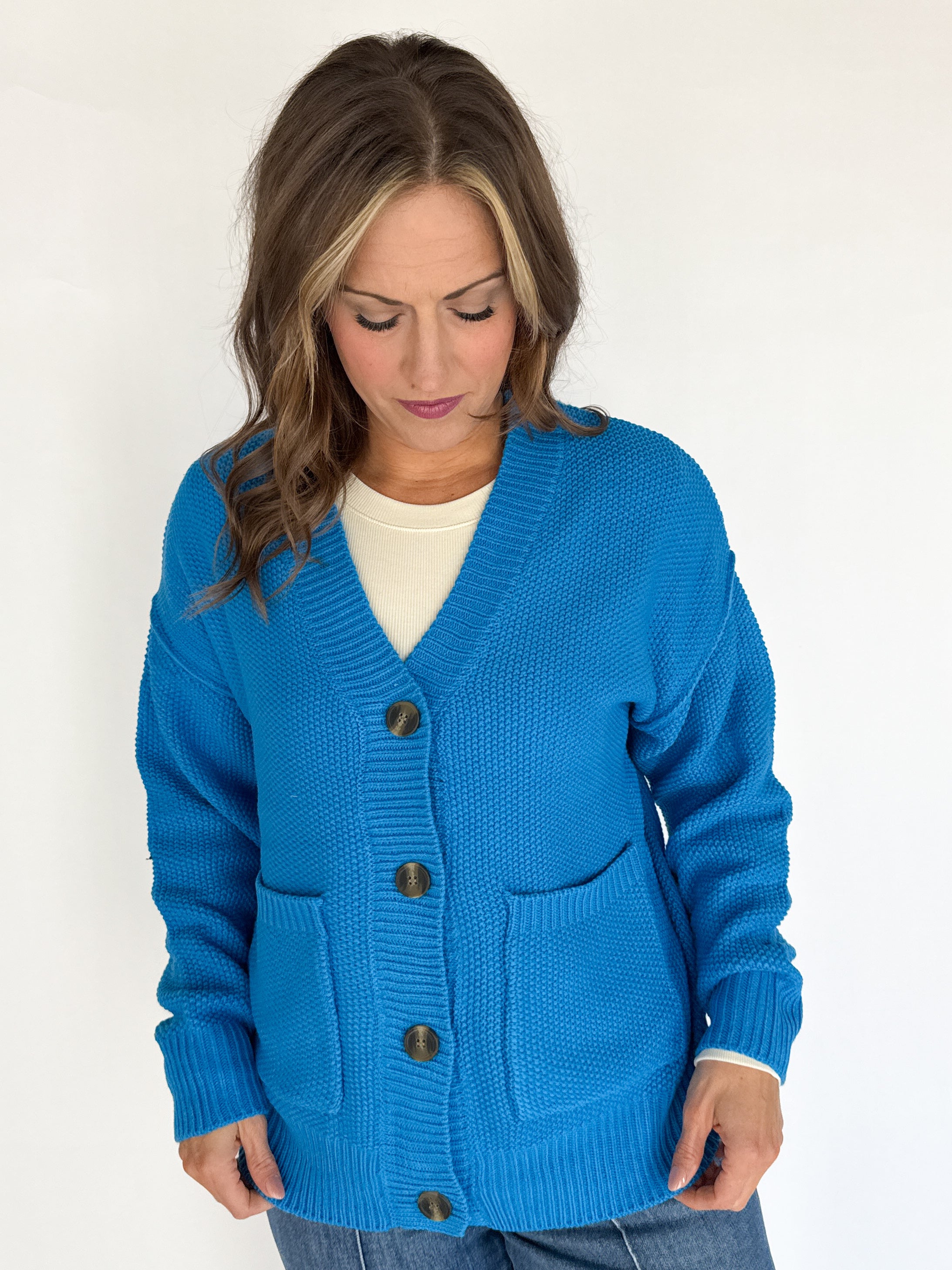 V Neck Waffleknit Cardigan- Blue - Ana Patricia Boutique