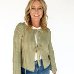 Knit Bow Cardigan Sweater- Olive - Ana Patricia Boutique