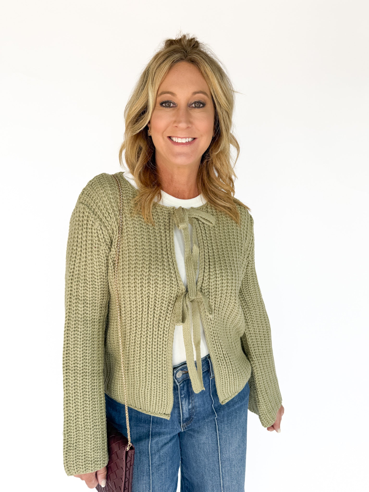 Knit Bow Cardigan Sweater- Olive - Ana Patricia Boutique