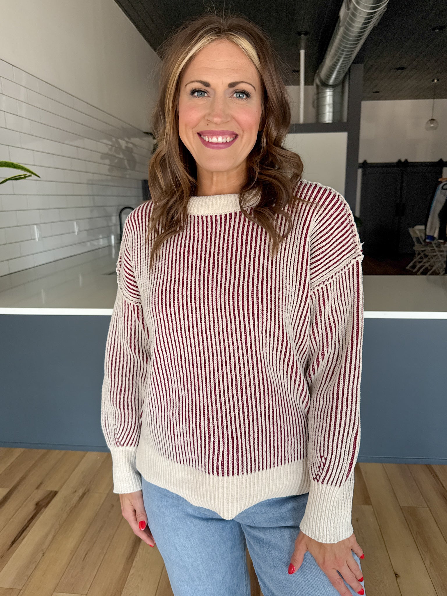 Two Tone Crewneck Sweater- Cabernet - Ana Patricia Boutique