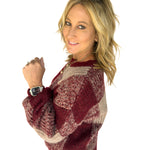 Plaid Crewneck Sweater- Burgundy - Ana Patricia Boutique