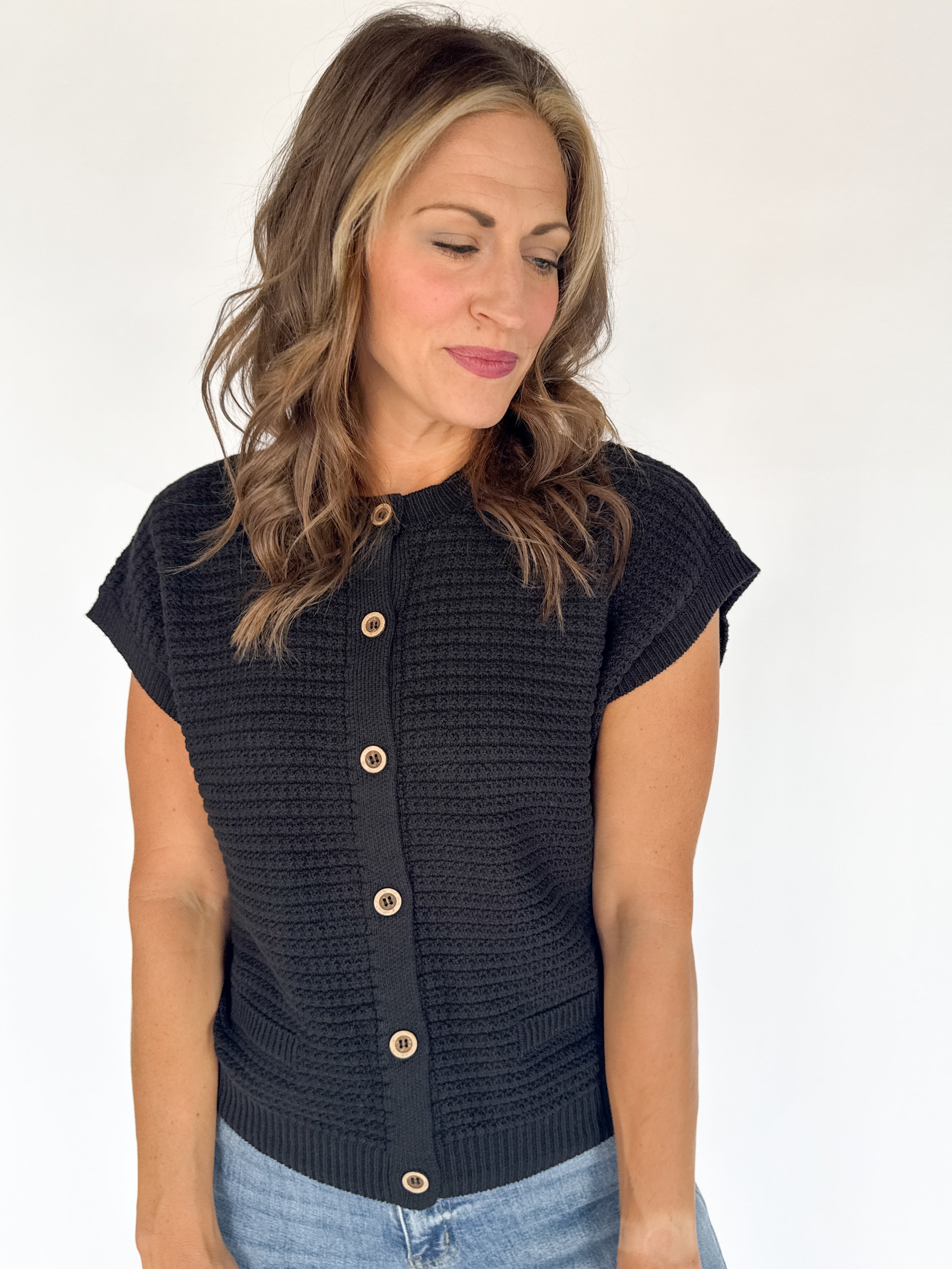 Button Down Cardigan Top- Black - Ana Patricia Boutique