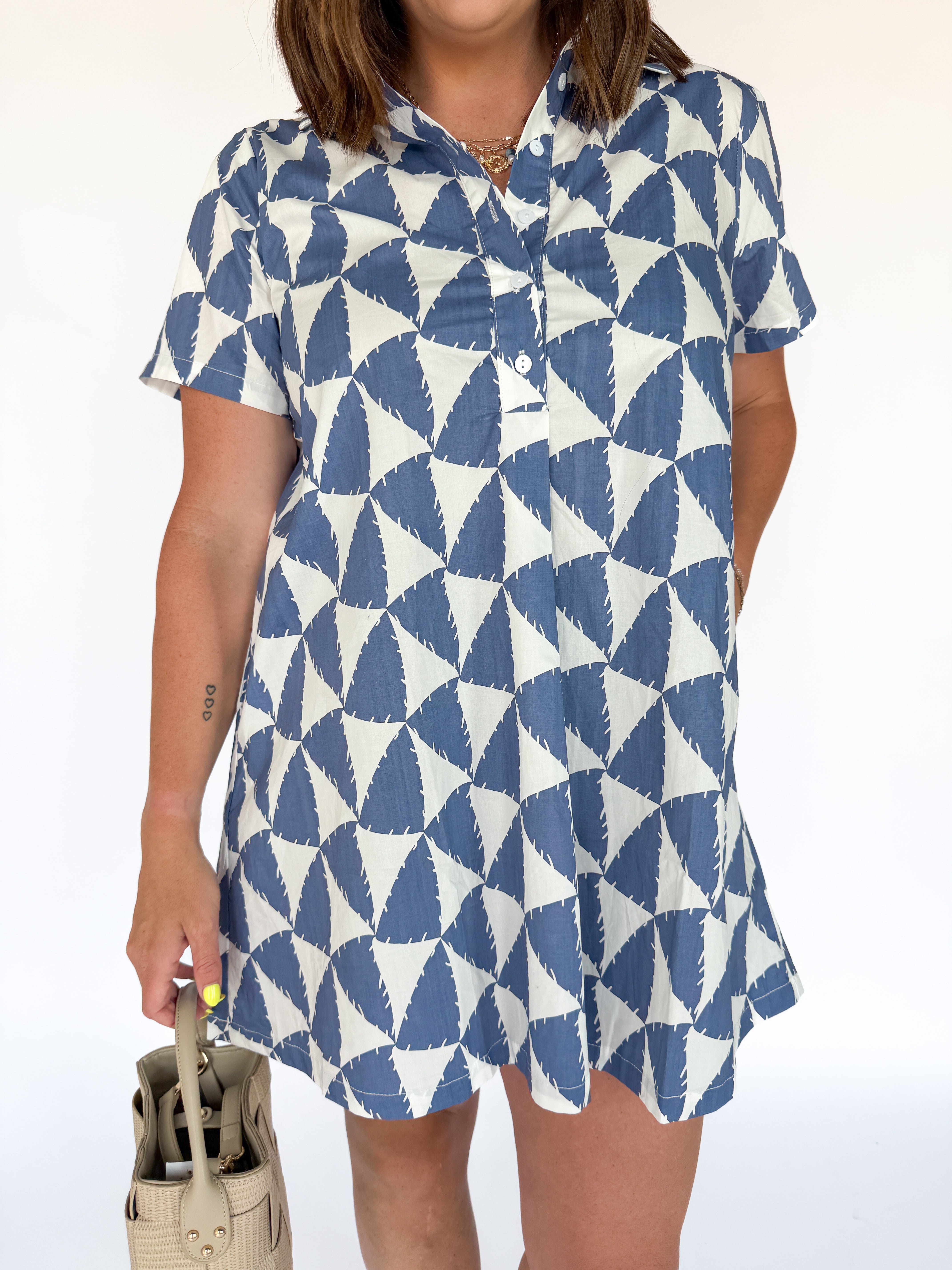 Geometric Button Up Dress- Blue - Ana Patricia Boutique
