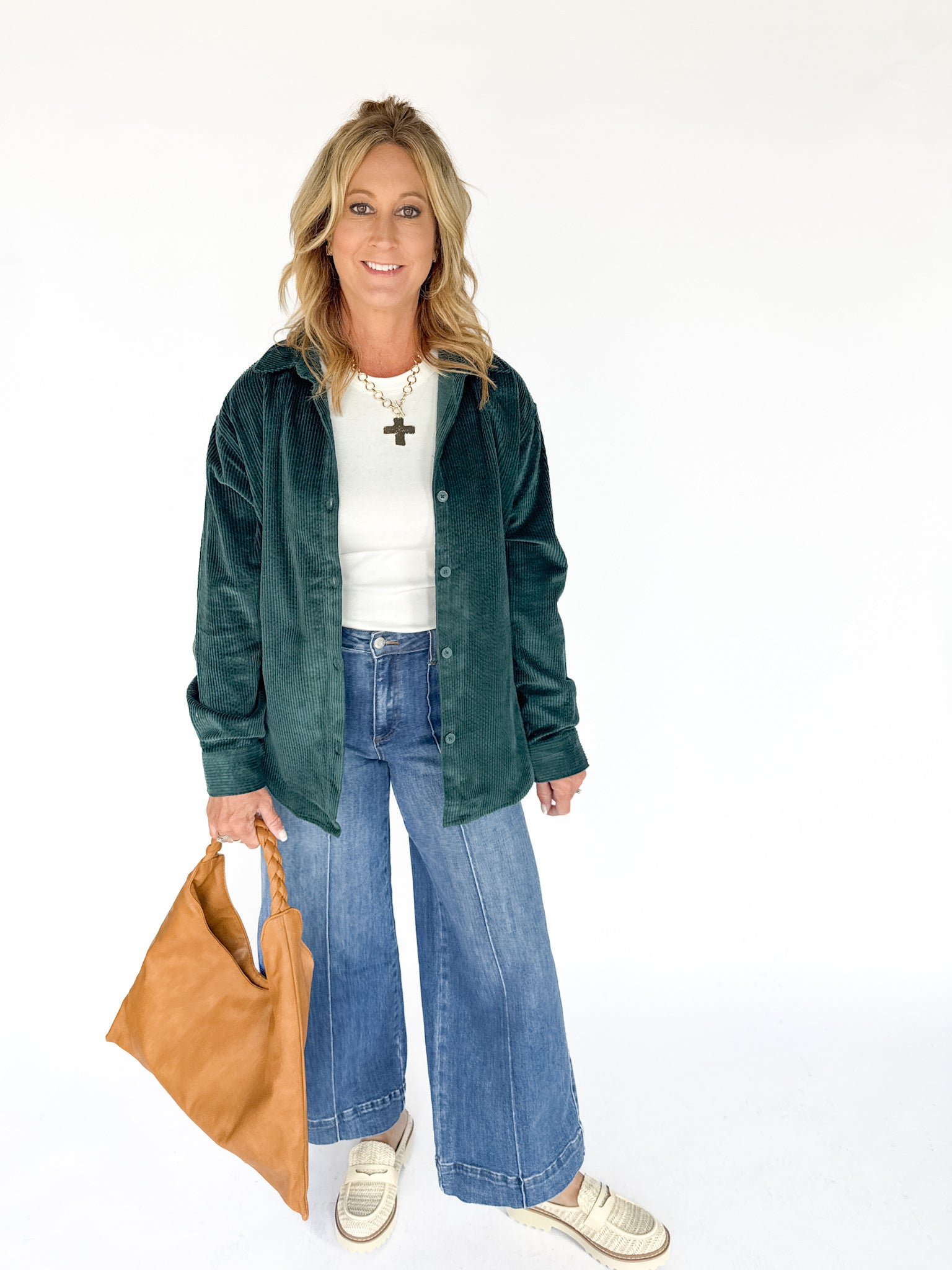 Corduroy Button Up Shirt- Forest Green - Ana Patricia Boutique