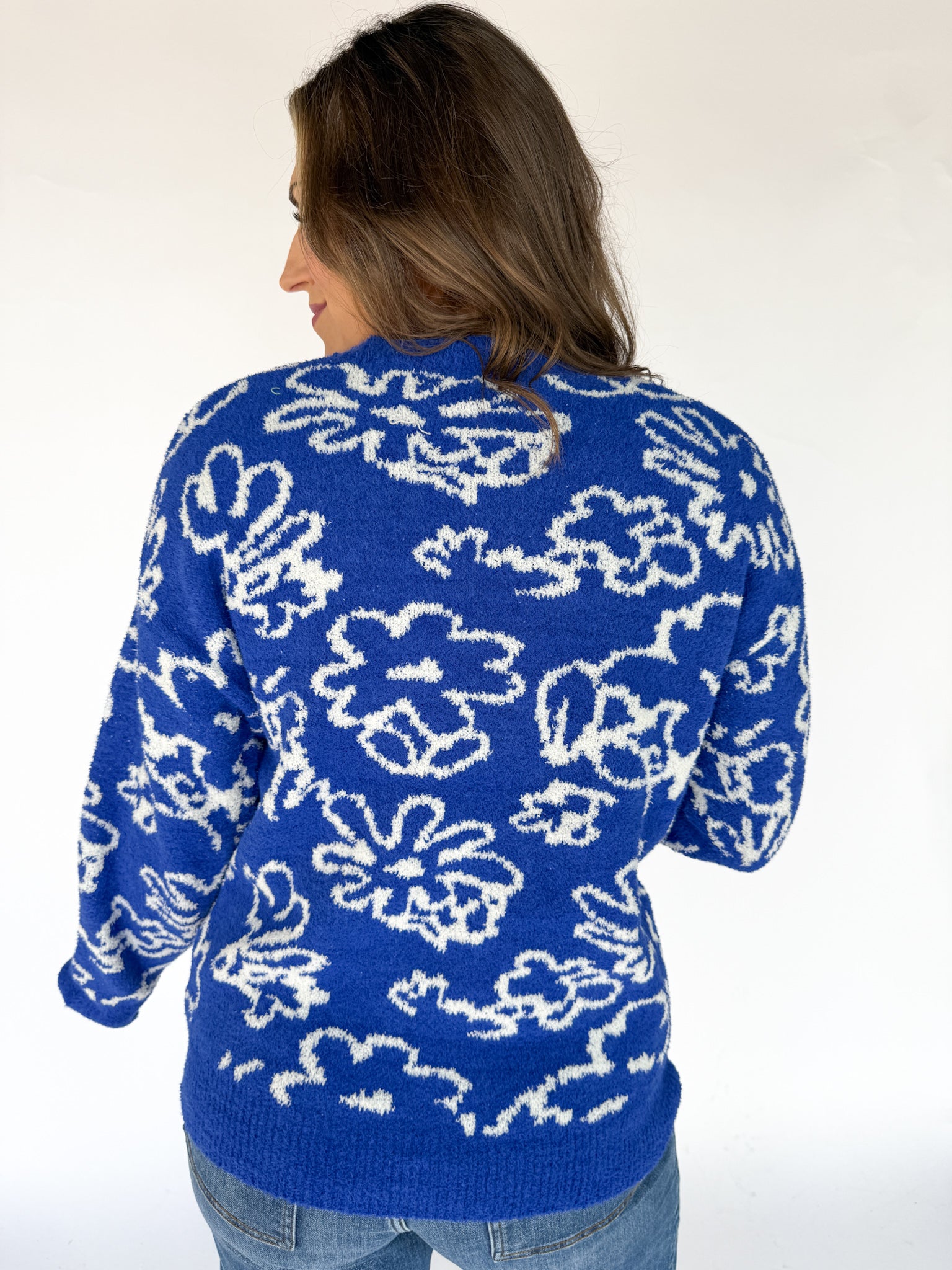 Boucle Floral Knit Sweater- Royal Blue - Ana Patricia Boutique