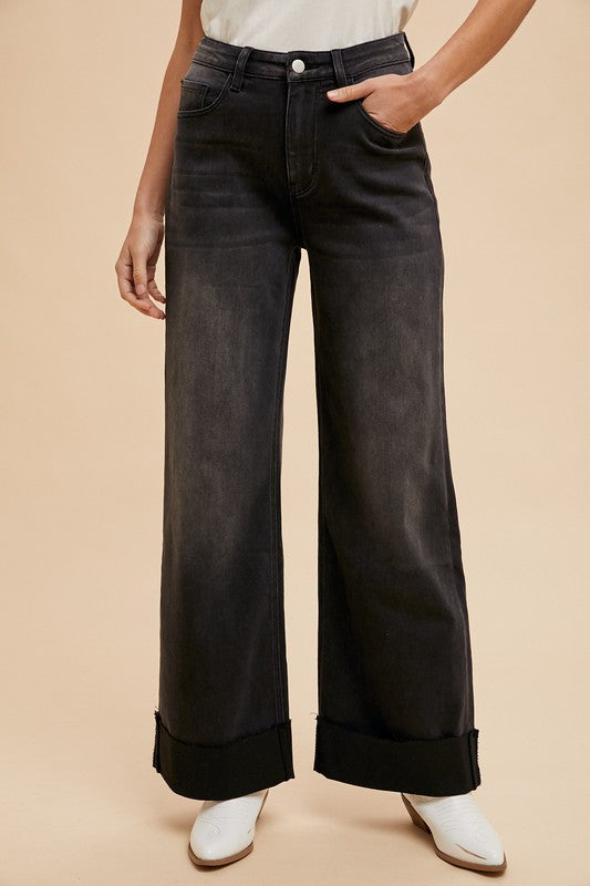 90's Cuff Hem Straight Jeans -Black - Ana Patricia Boutique