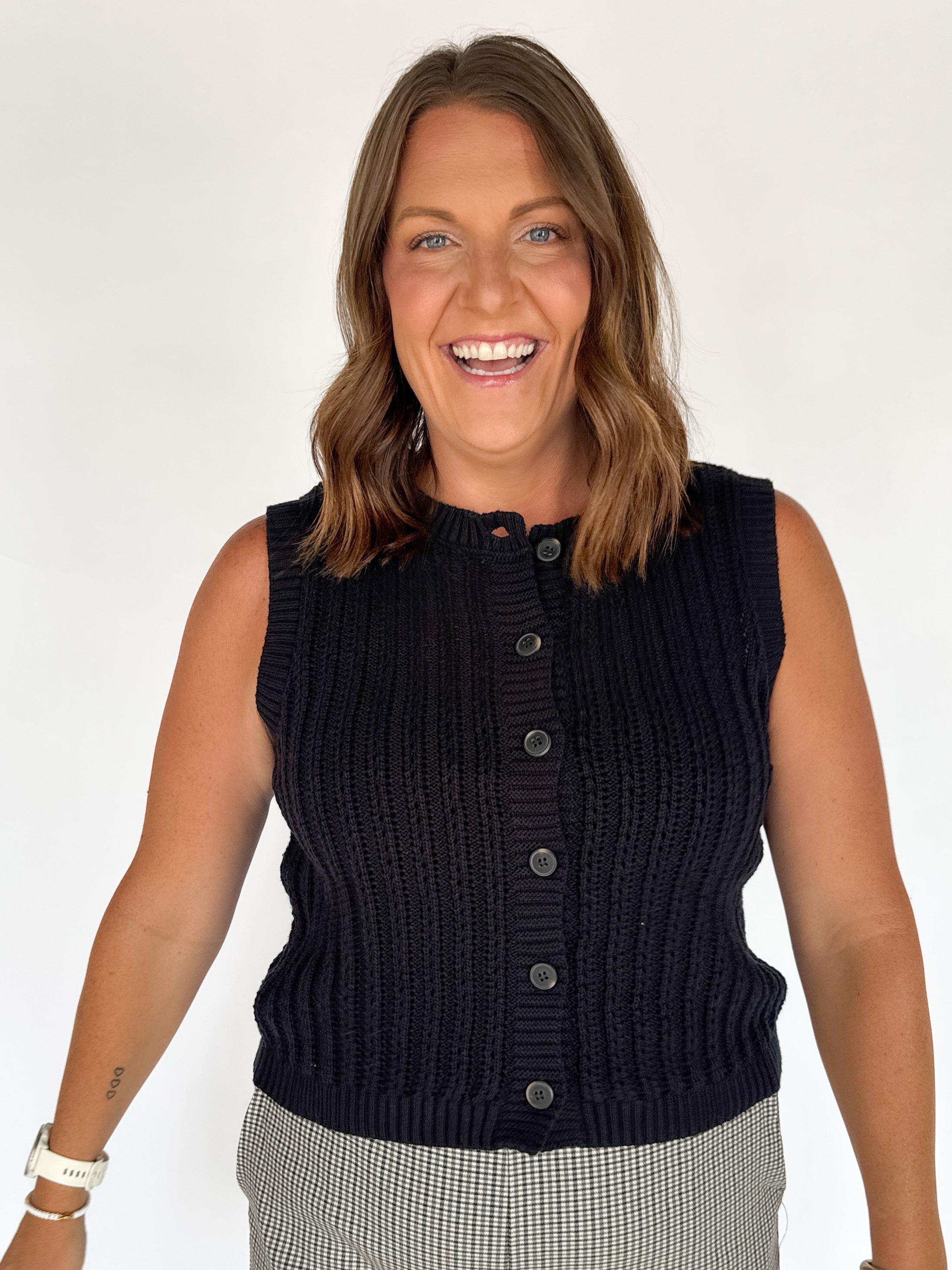 Crewneck Button Down Sweater Top- Black - Ana Patricia Boutique