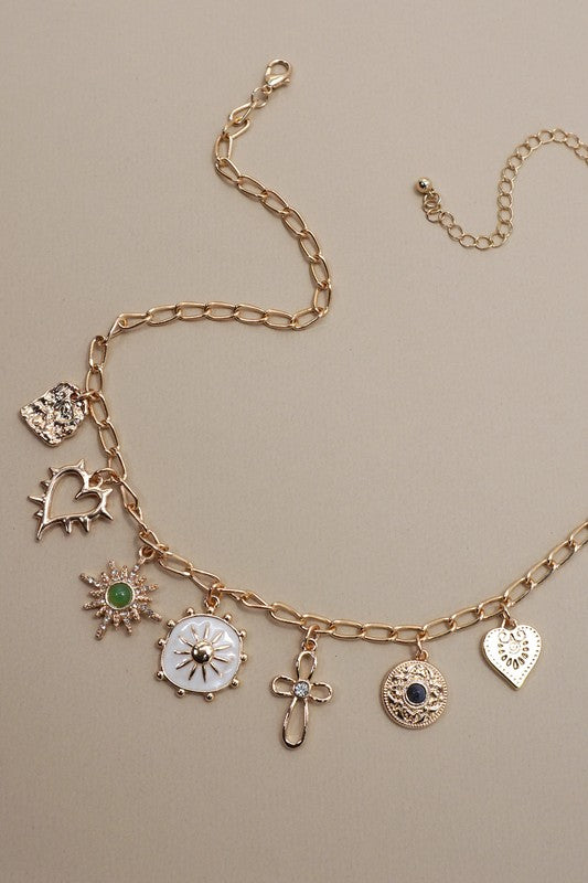 Heart Cross Sunburst Charm Necklace - Ana Patricia Boutique
