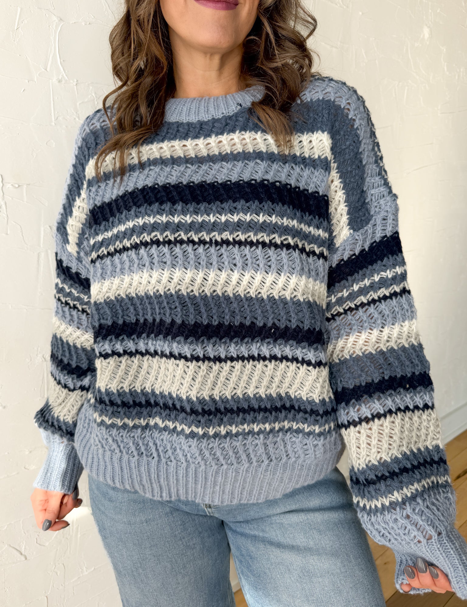 Crewneck Knit Stripe Sweater- Blue - Ana Patricia Boutique