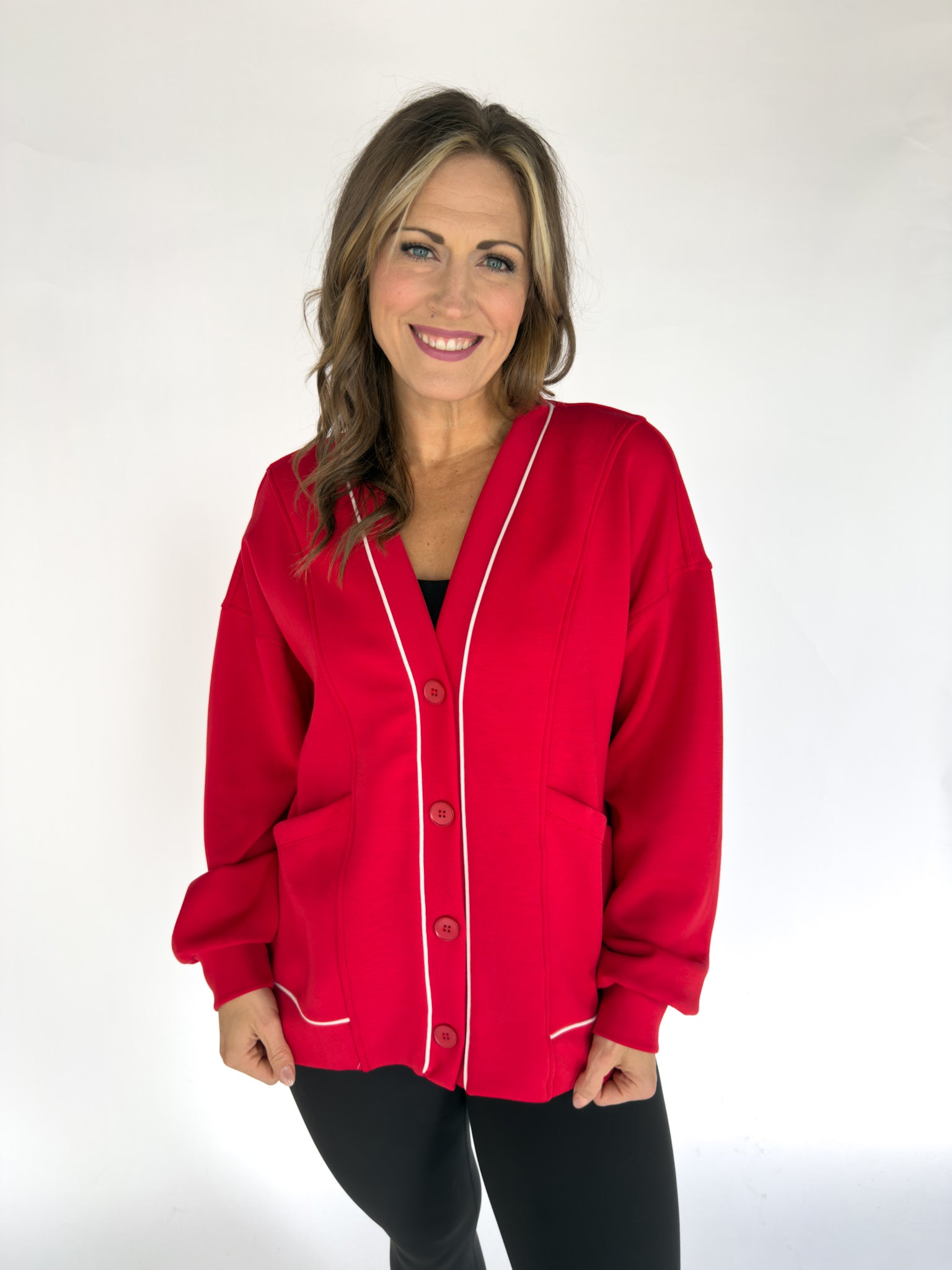 Scuba Piping Cardi- Red/Cream - Ana Patricia Boutique