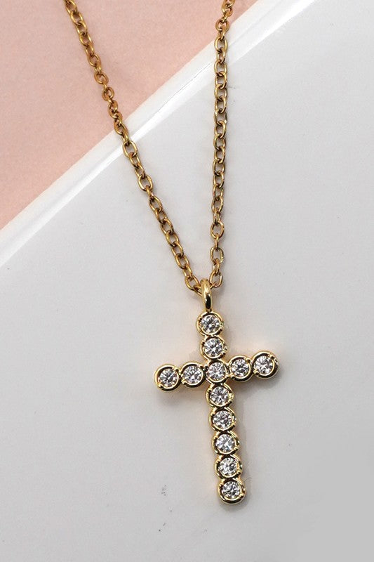 Rhinestone Cross Necklace- Gold - Ana Patricia Boutique