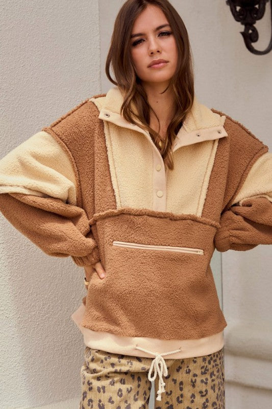 Fleece Zipper Pullover Jacket- Cocoa - Ana Patricia Boutique