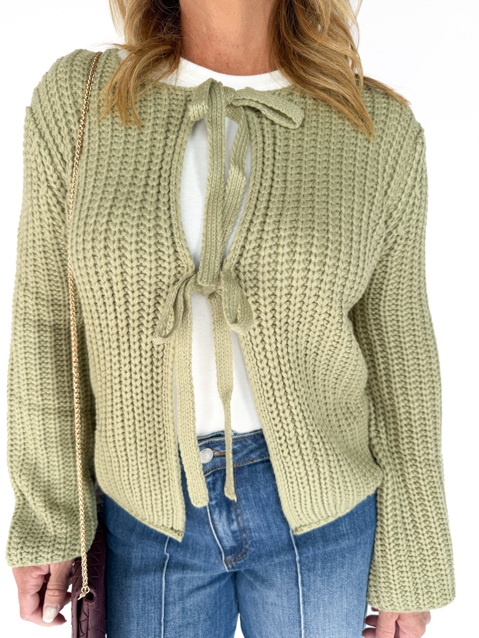 Knit Bow Cardigan Sweater- Olive - Ana Patricia Boutique