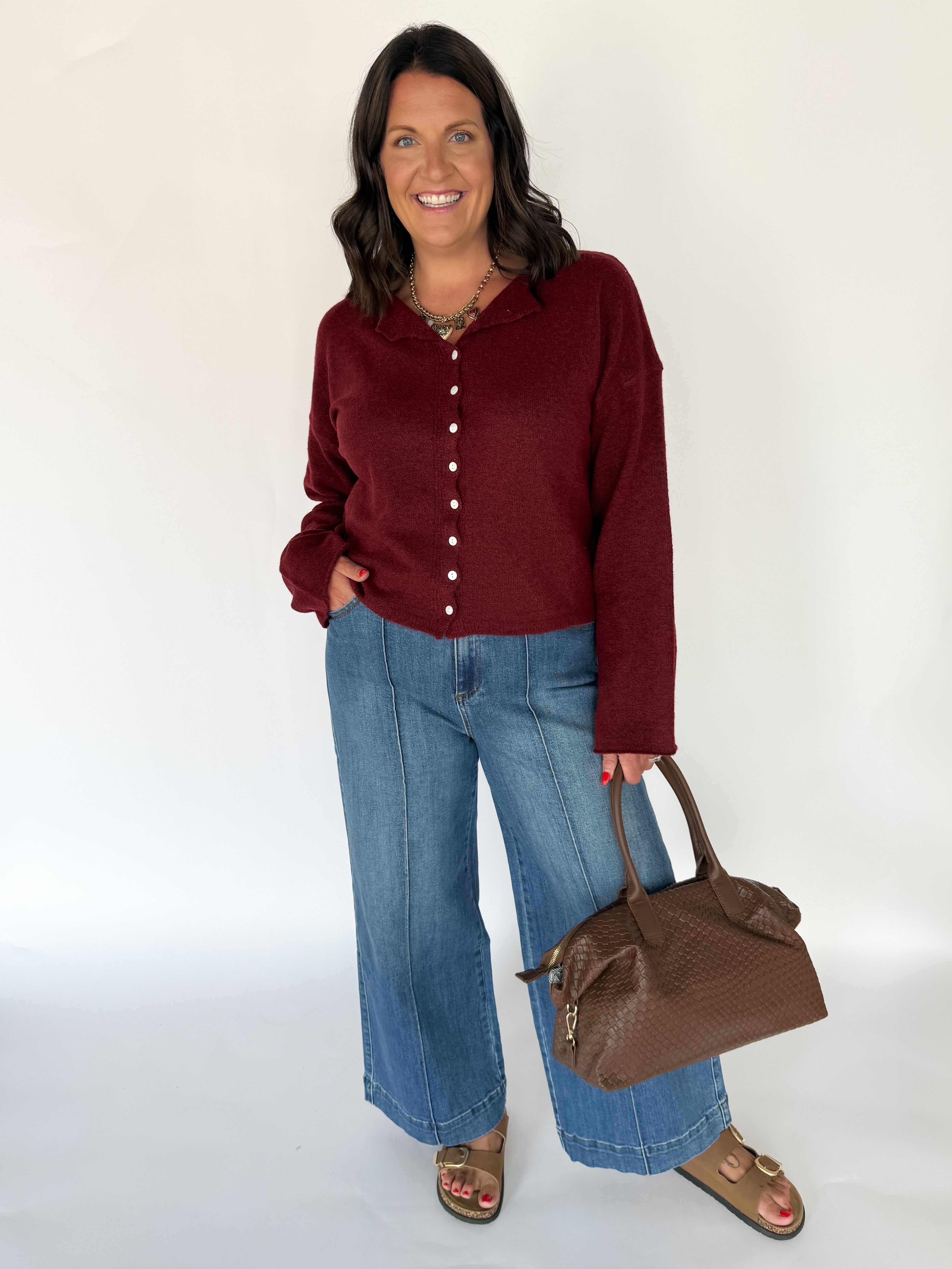 Classic Button Cardigan Top- Burgundy - Ana Patricia Boutique