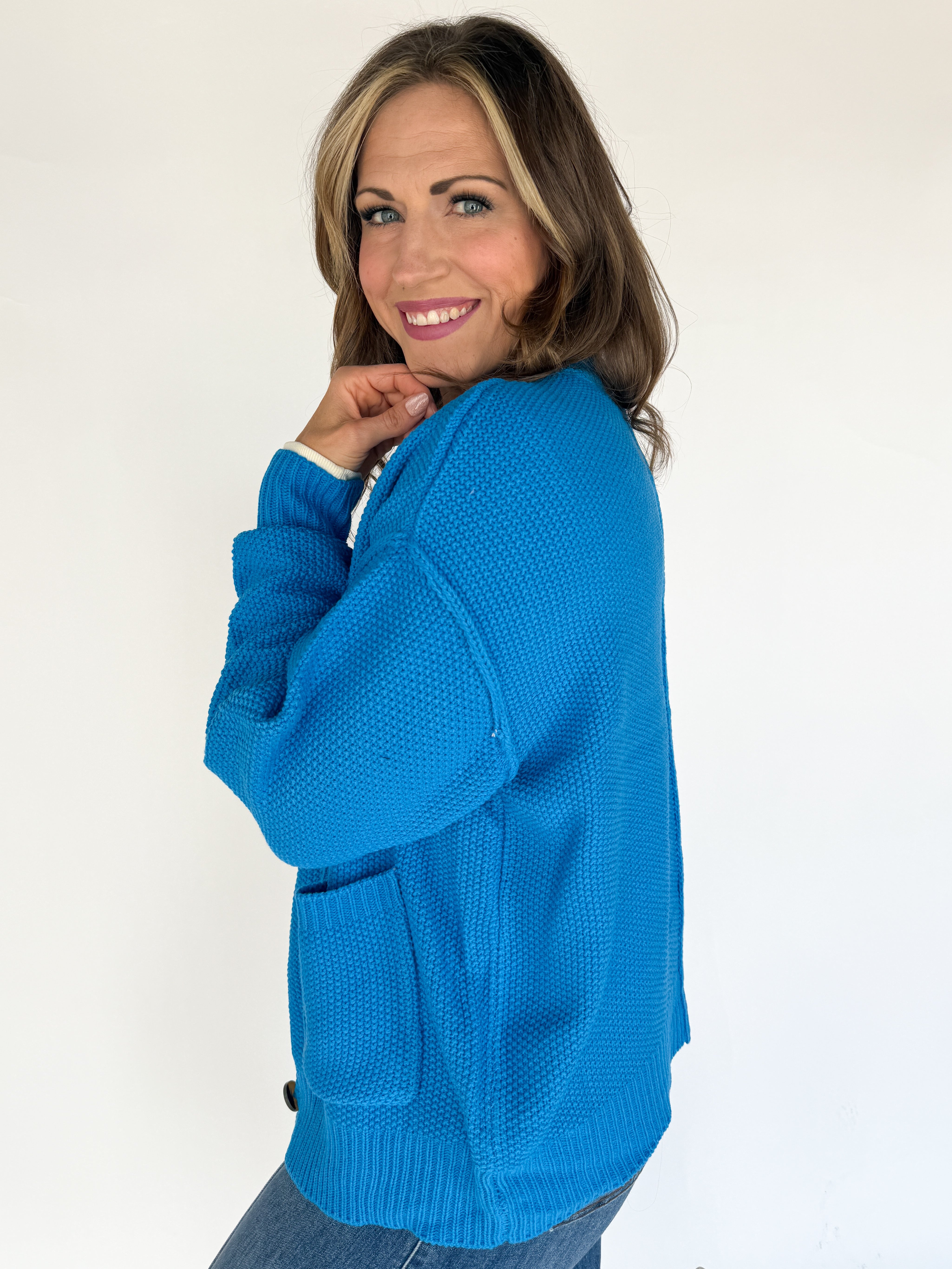 V Neck Waffleknit Cardigan- Blue - Ana Patricia Boutique