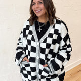 Checkered Sweater Cardigan- Blk/Wht