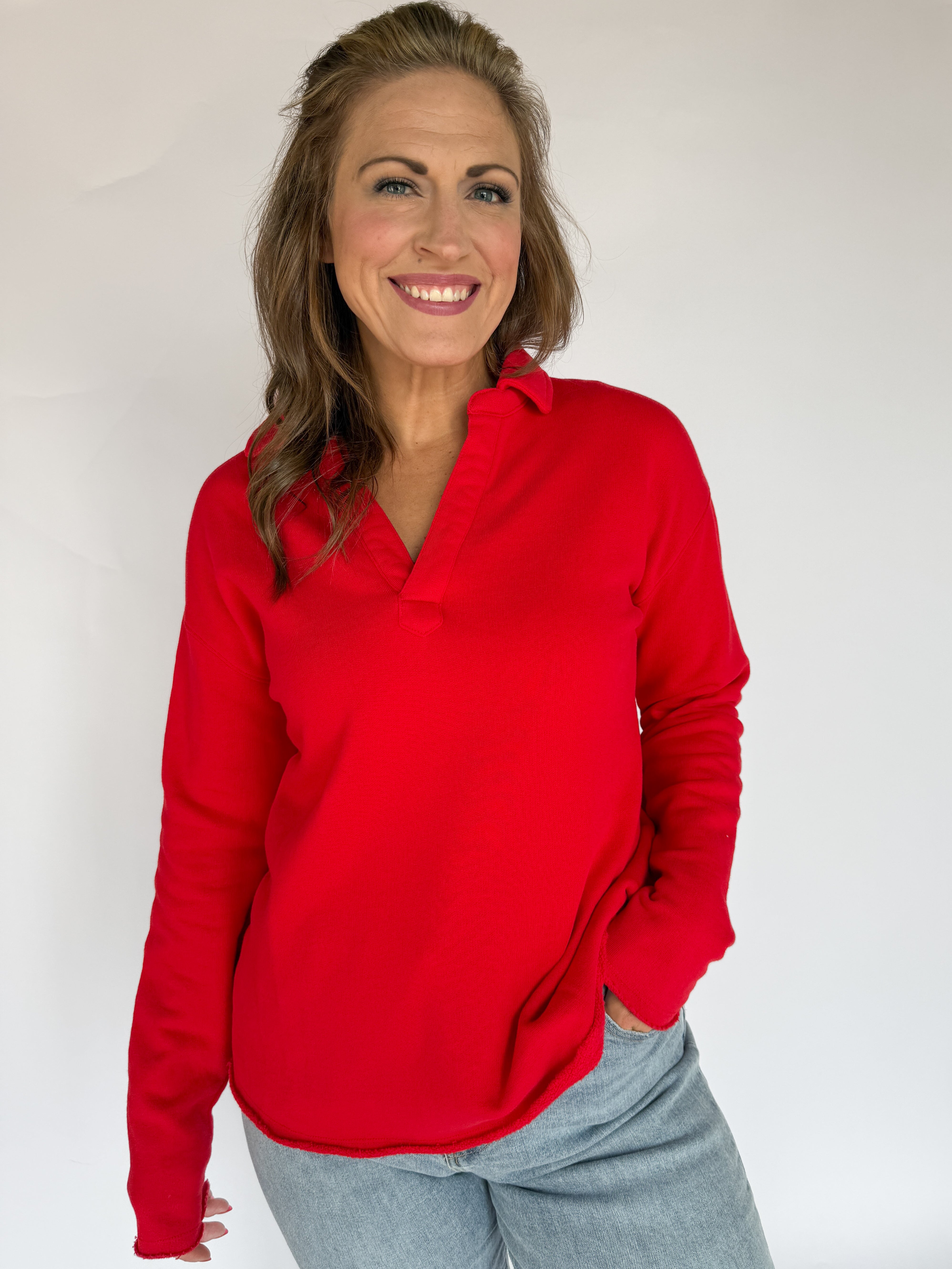 Long Sleeve Henley Top- Red - Ana Patricia Boutique