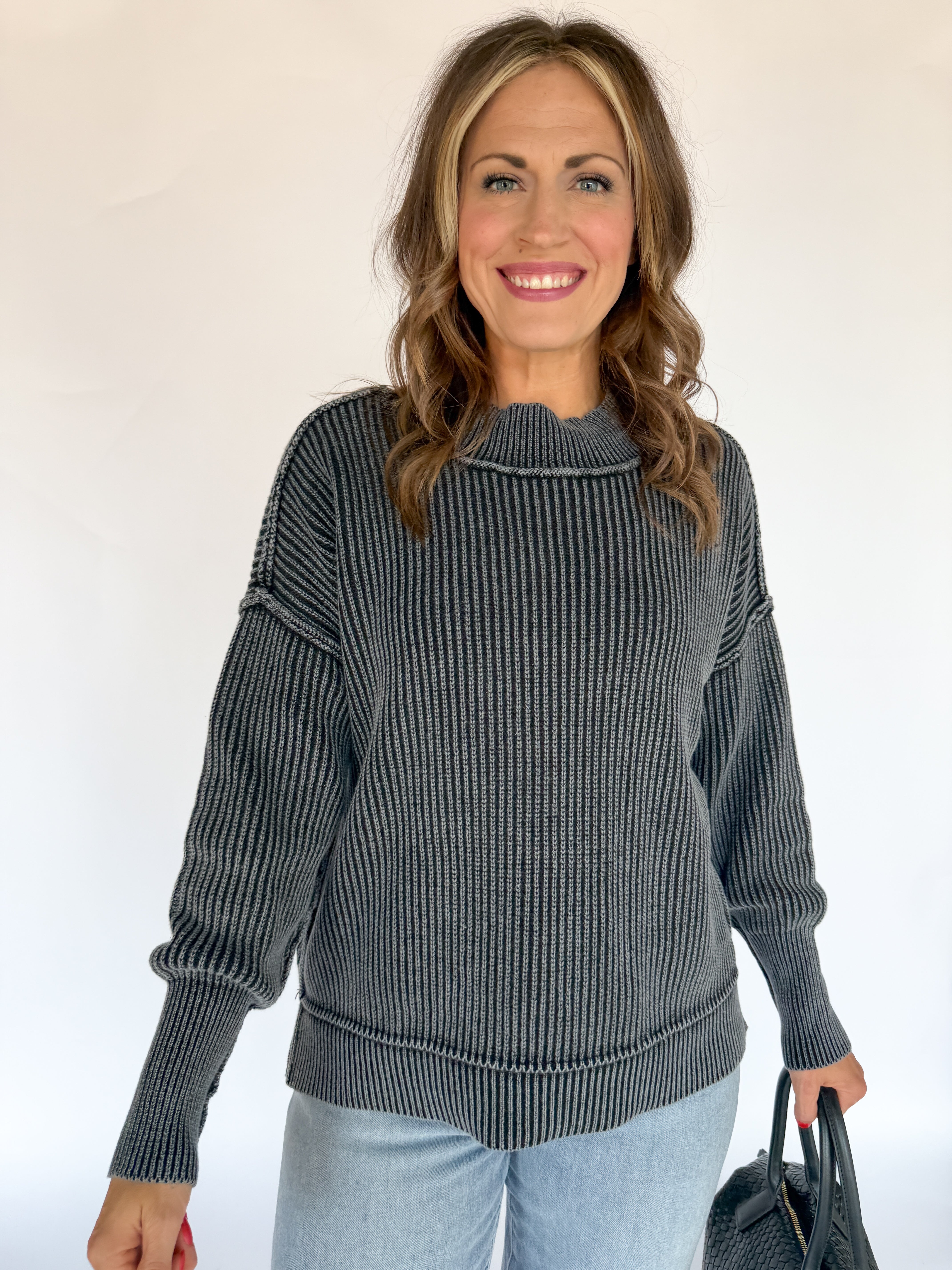 Washed Side Slit Sweater-Black - Ana Patricia Boutique