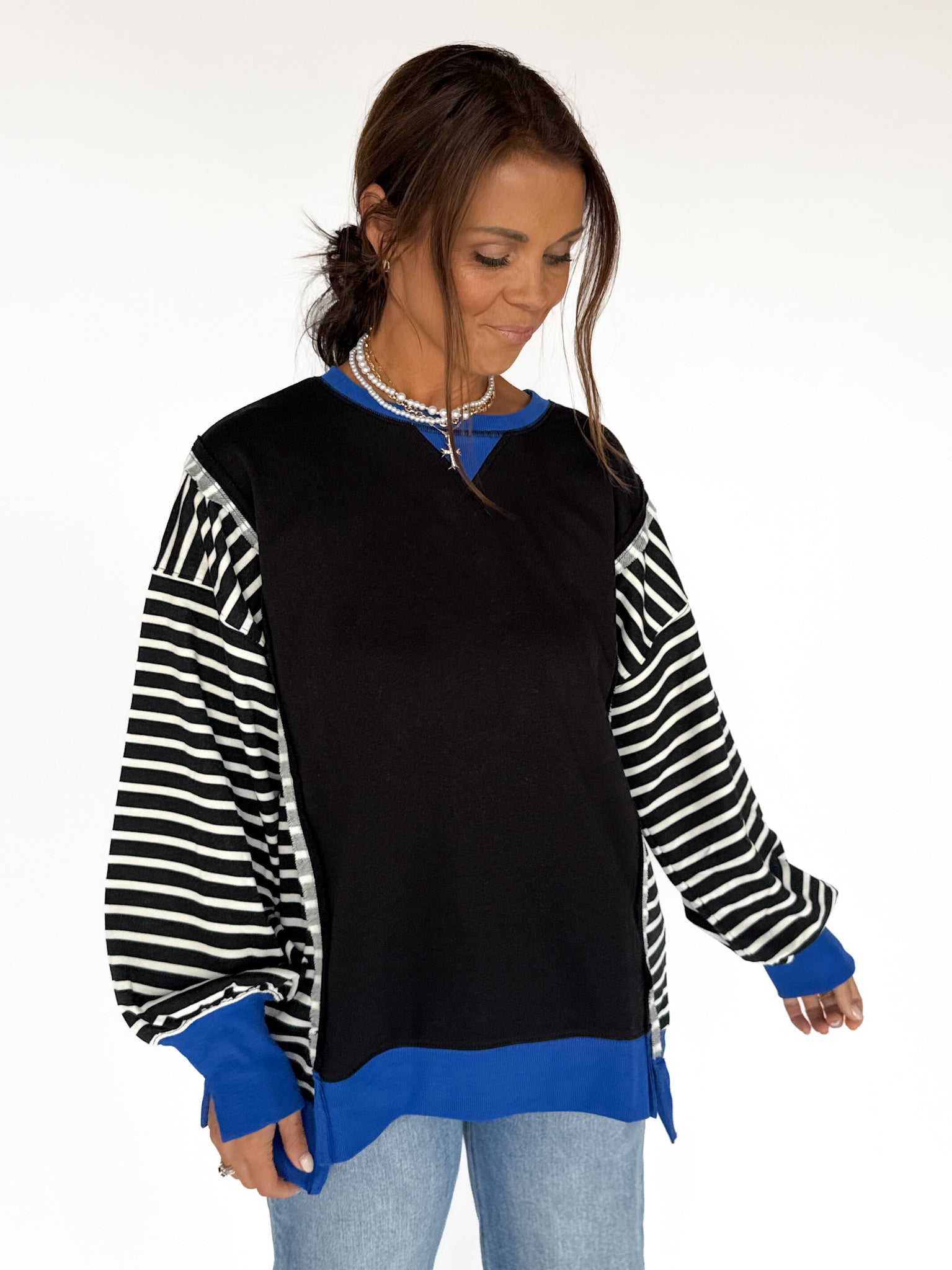 Stripe Sleeve Pullover-Blk/Blue - Ana Patricia Boutique