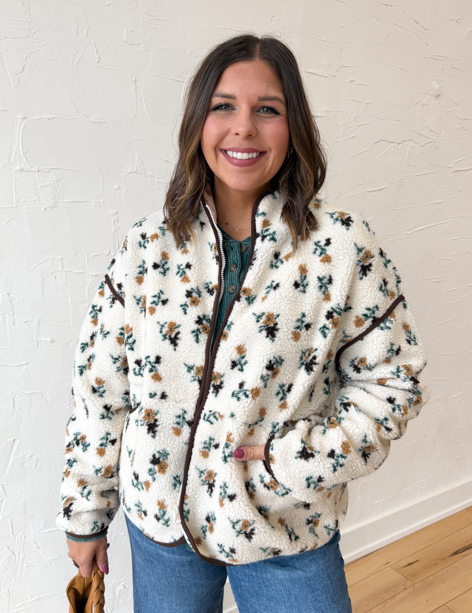 Floral Sherpa Jacket- Cream - Ana Patricia Boutique