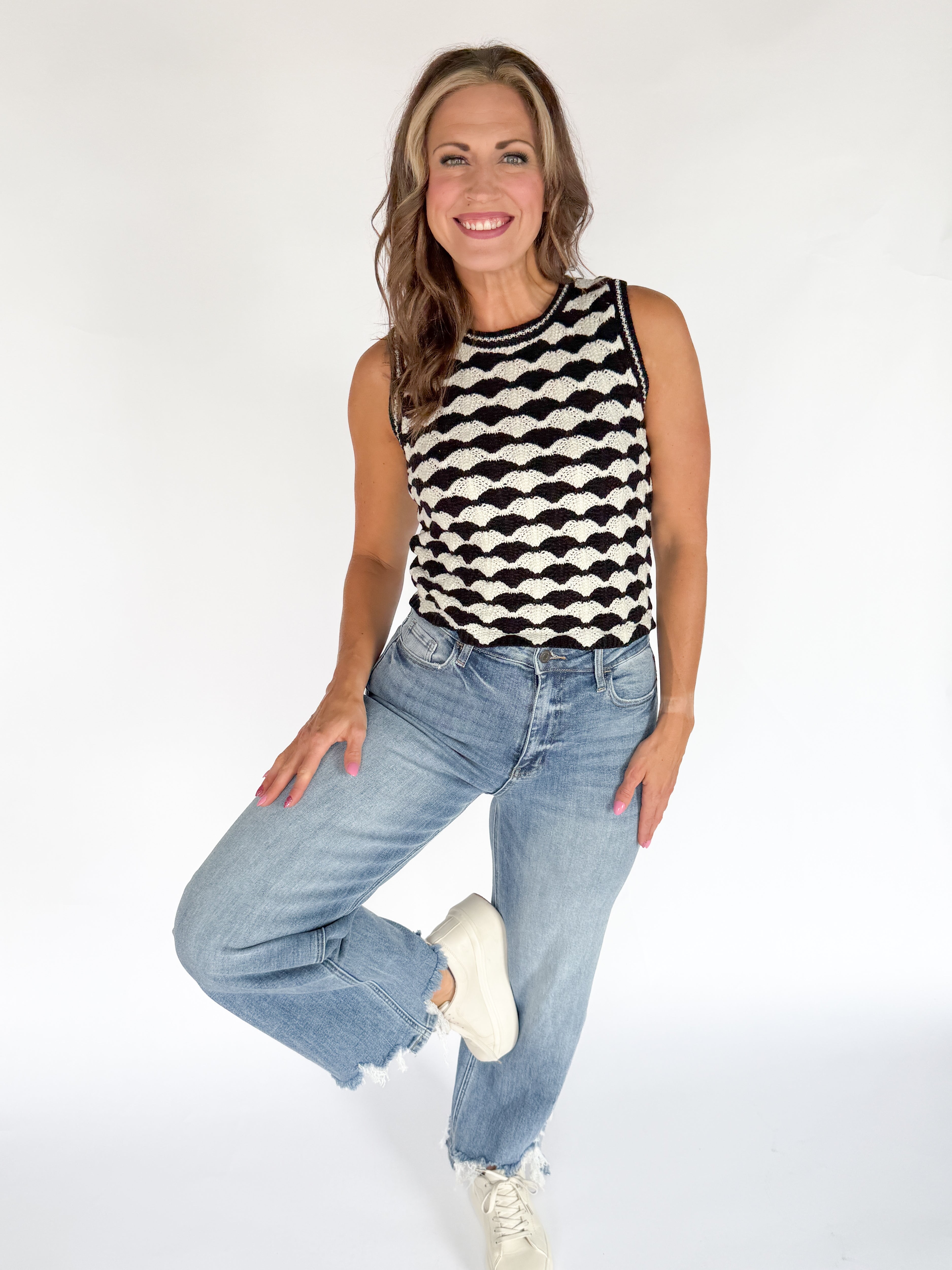 Scalloped Sweater Tank- Blk/White - Ana Patricia Boutique