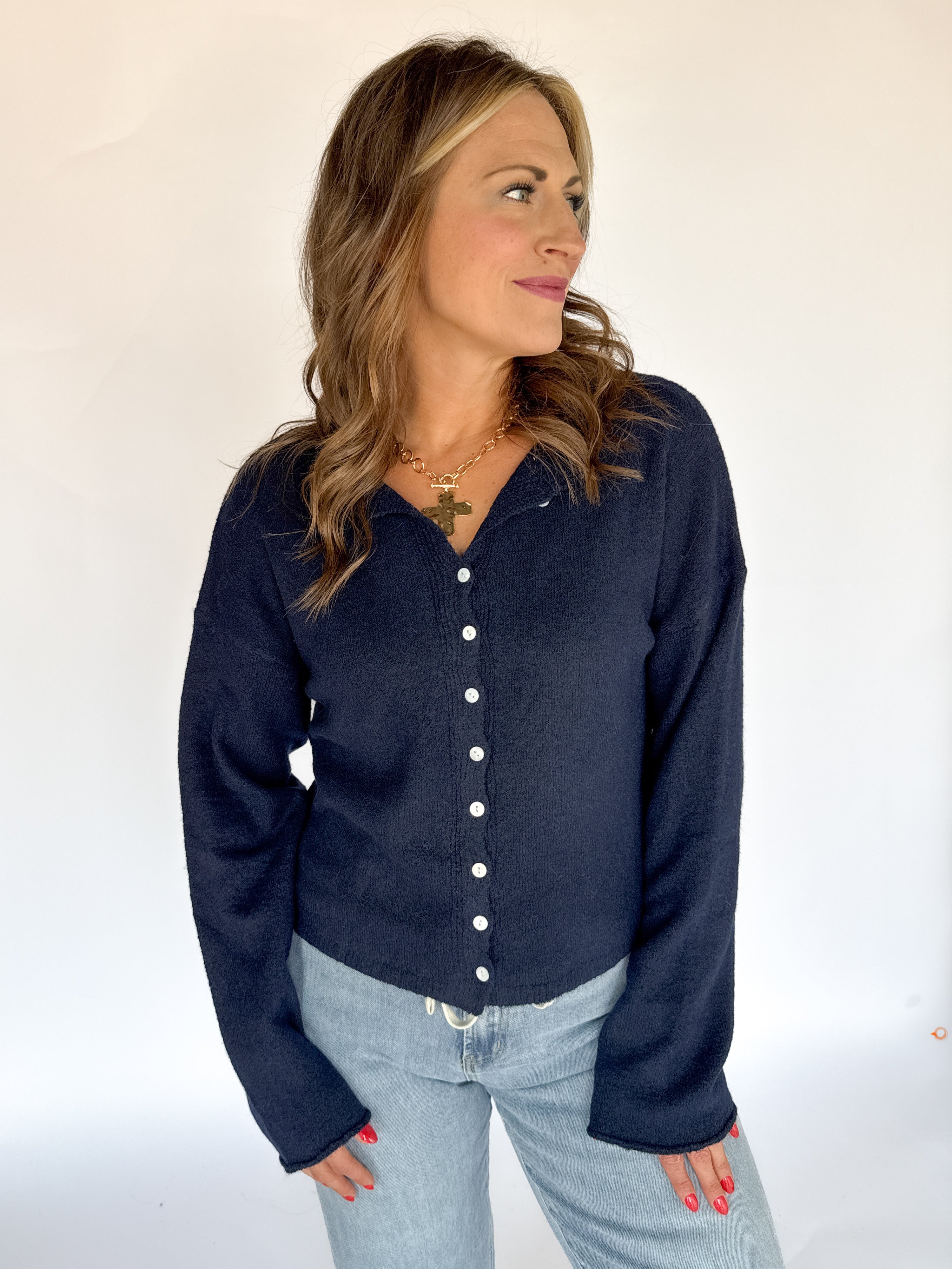 Classic Button Cardigan Top- Navy - Ana Patricia Boutique