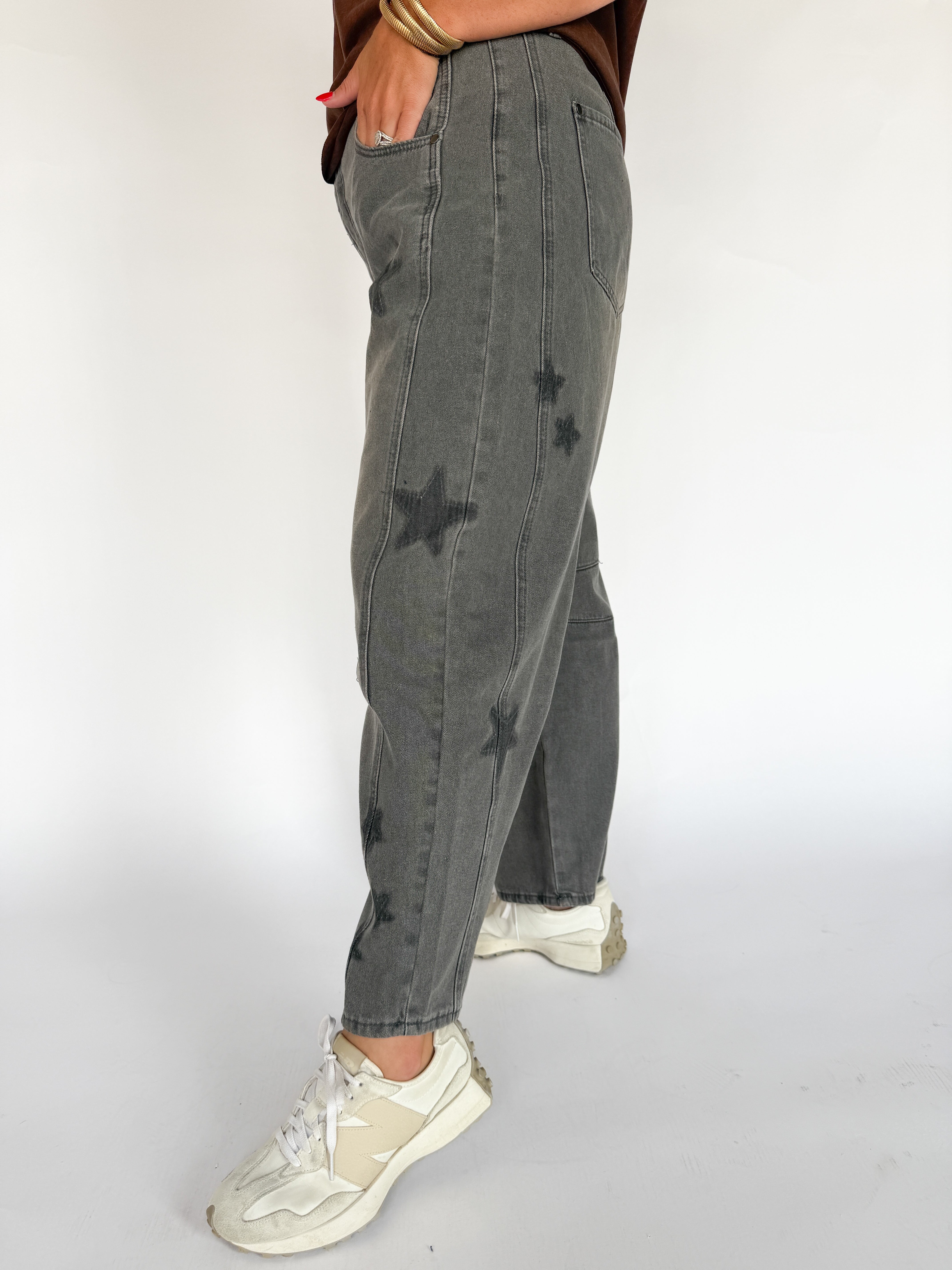 Star Printed Barrel Jeans- Charcoal - Ana Patricia Boutique