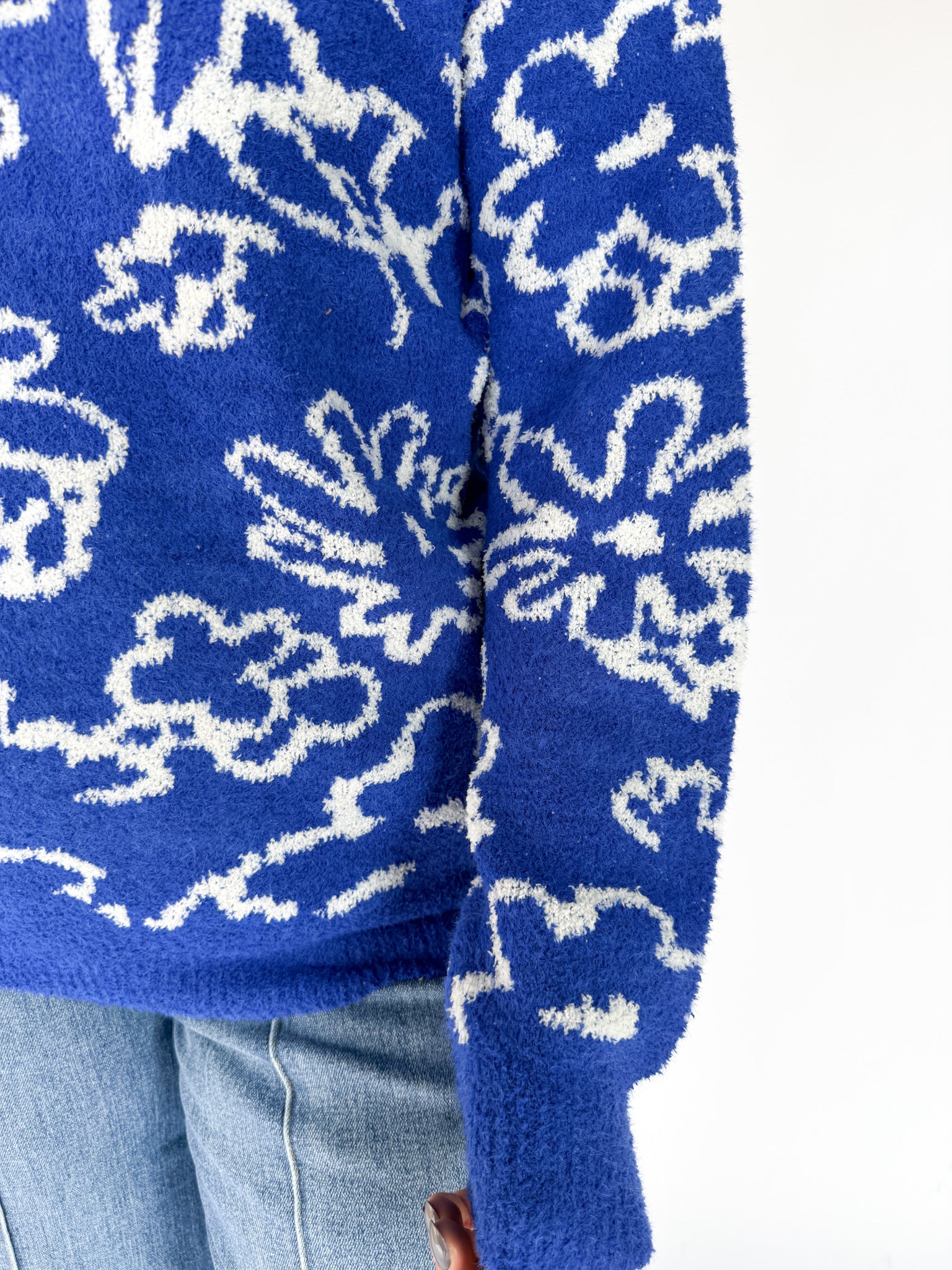 Boucle Floral Knit Sweater- Royal Blue - Ana Patricia Boutique