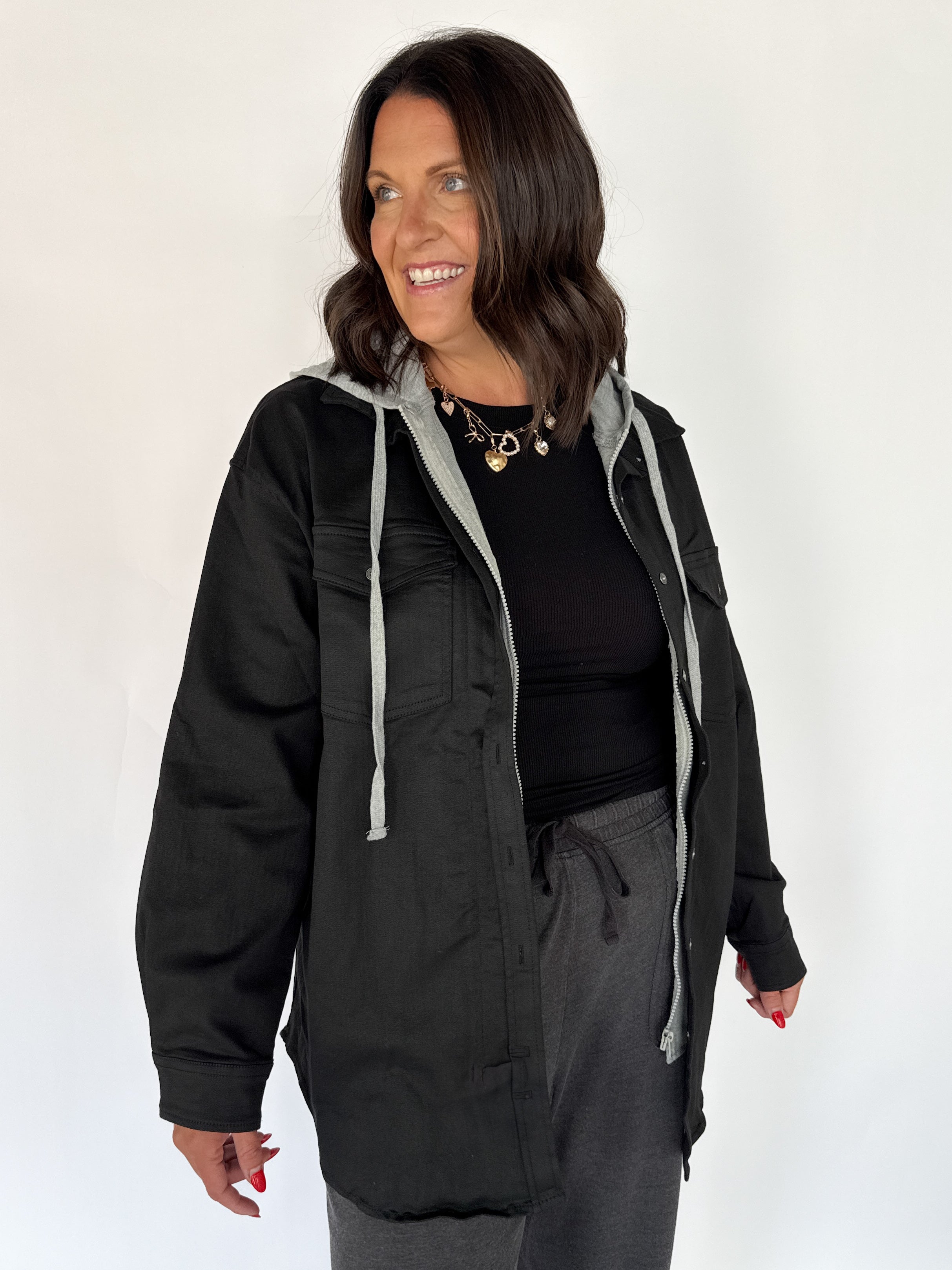 Denim Hoodie Jacket- Black - Ana Patricia Boutique