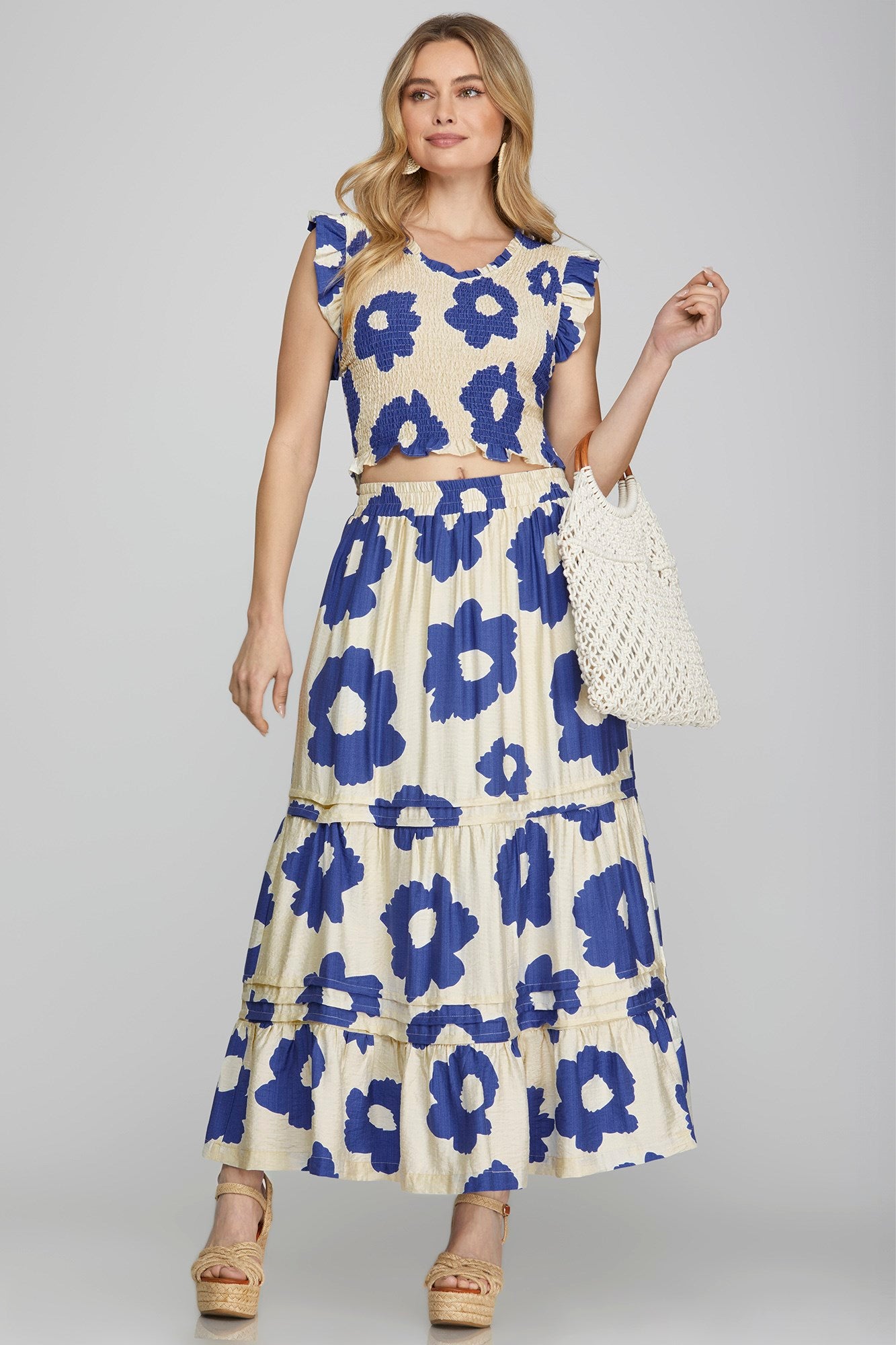 Tiered Floral Skirt- Blue - Ana Patricia Boutique