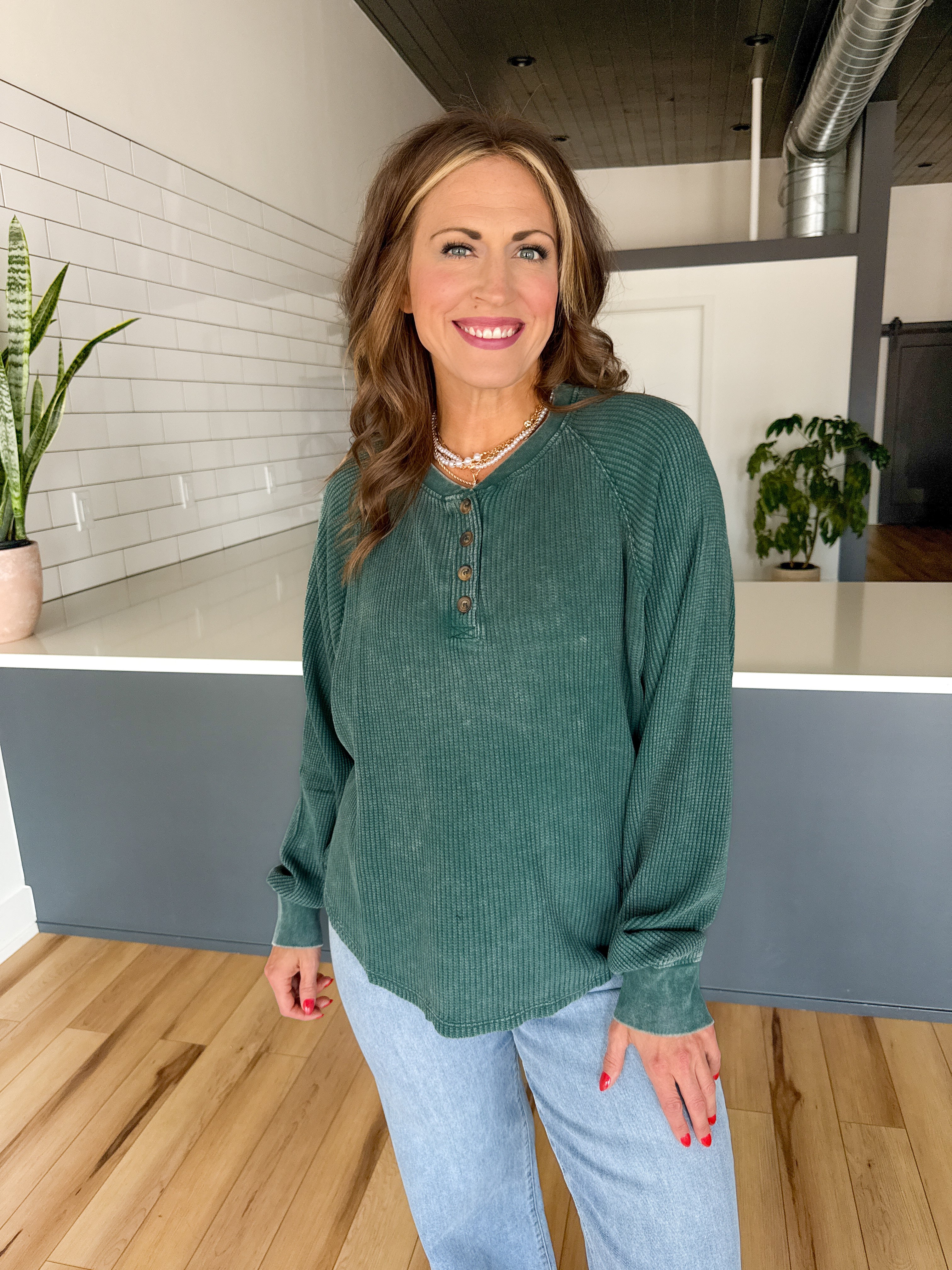 Washed Henley Top- Green - Ana Patricia Boutique