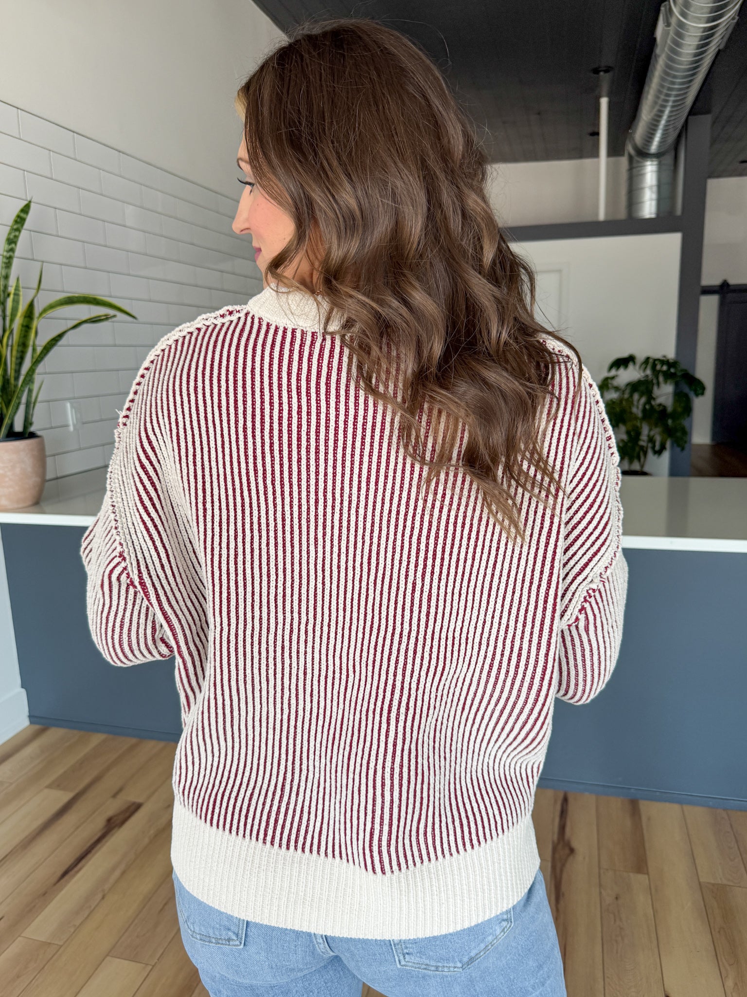 Two Tone Crewneck Sweater- Cabernet - Ana Patricia Boutique