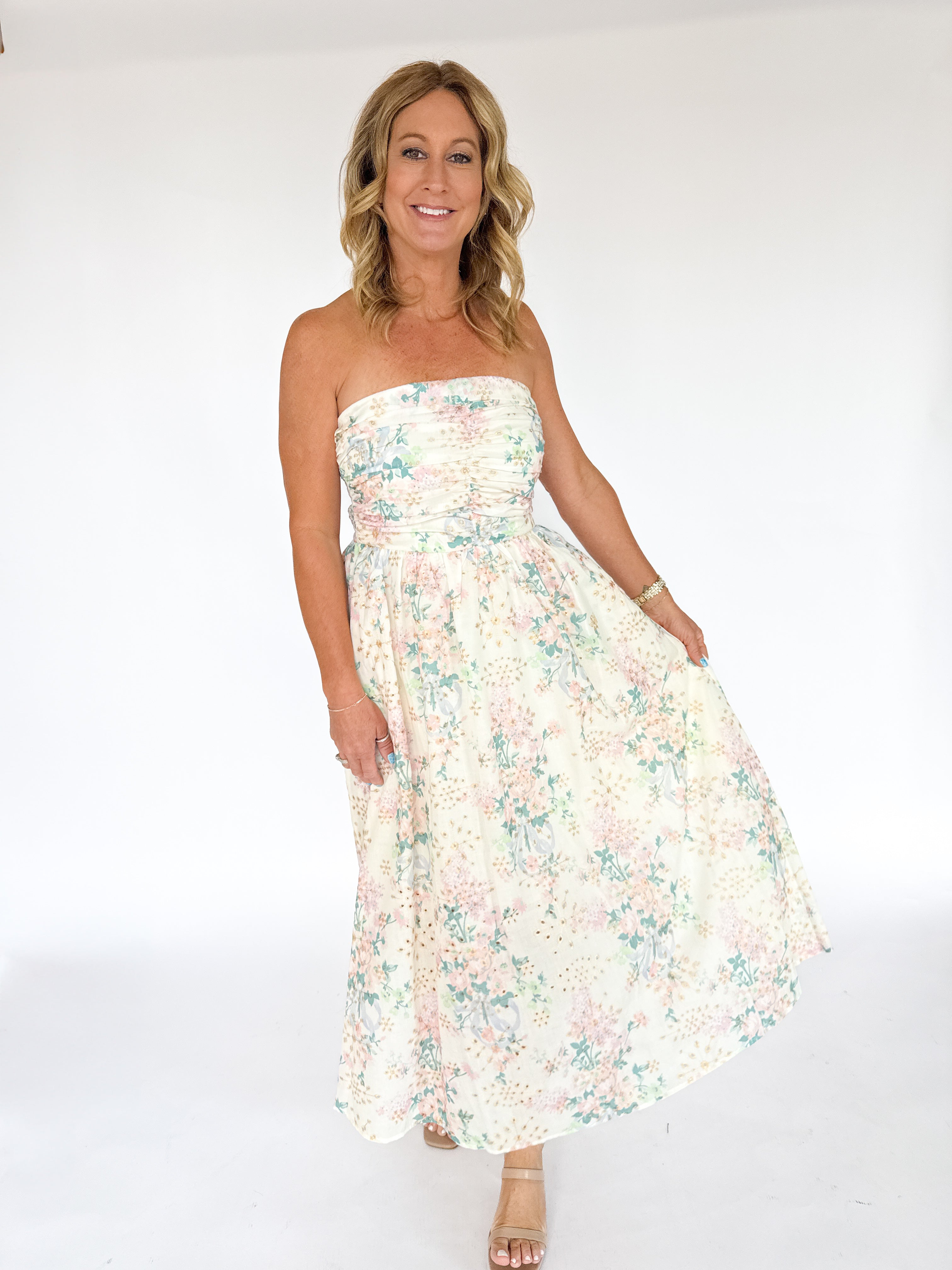 Strapless Floral Eyelet Dress - Ana Patricia Boutique