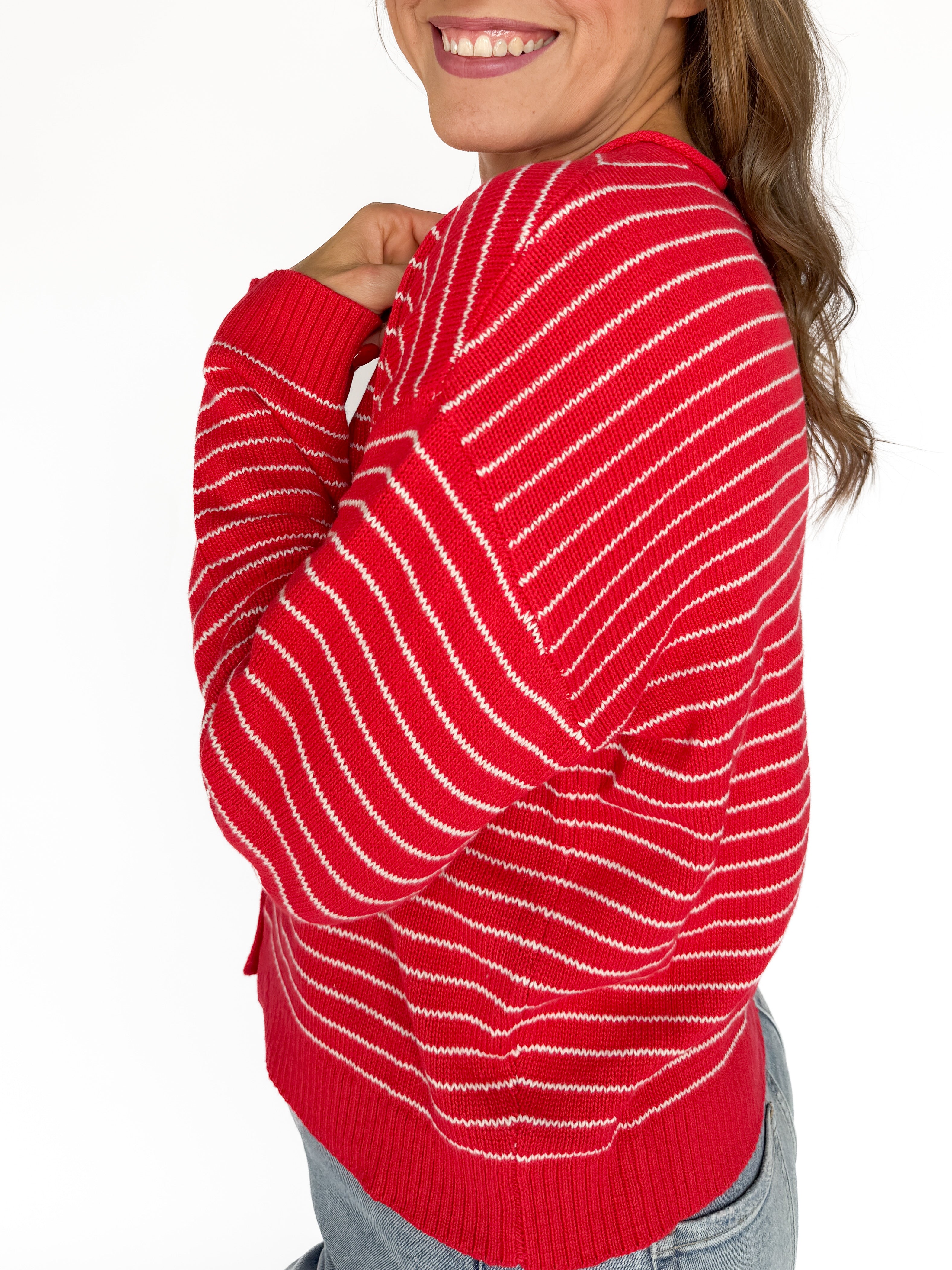 Stripe Button Cardigan -Red - Ana Patricia Boutique