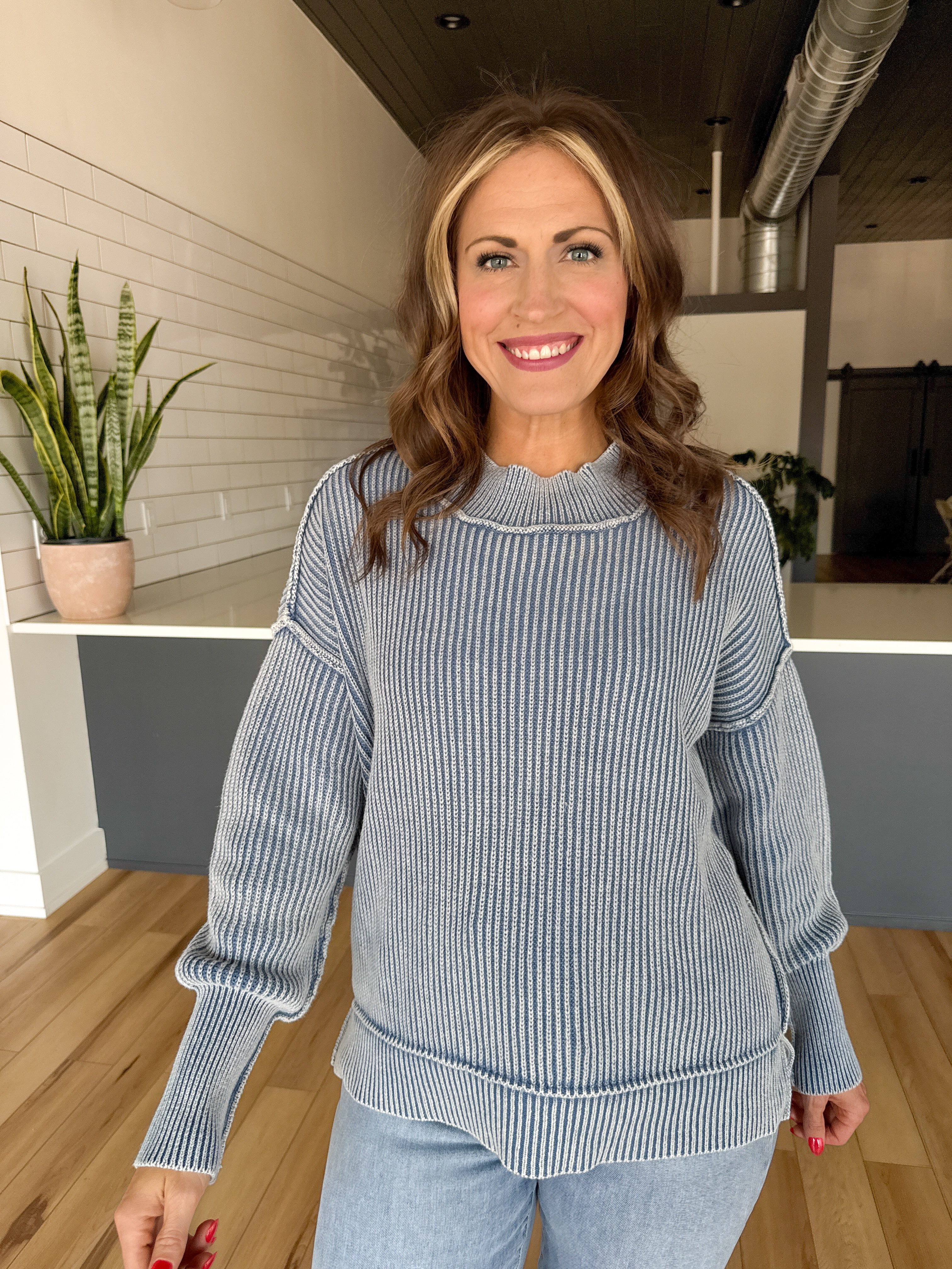 Washed Side Slit Sweater-Dusty Blue - Ana Patricia Boutique