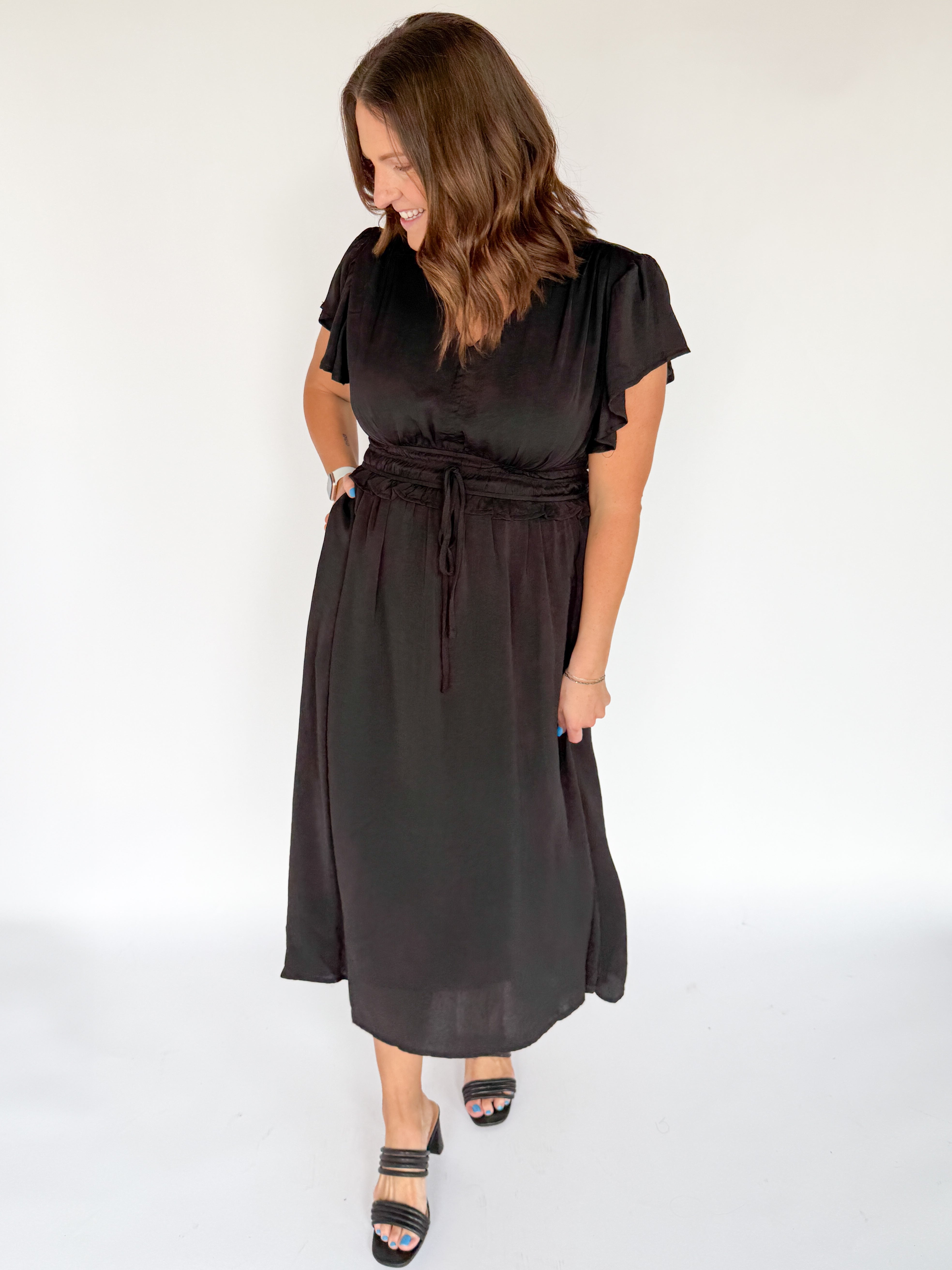 Flutter Sleeve Midi Dress- Black - Ana Patricia Boutique