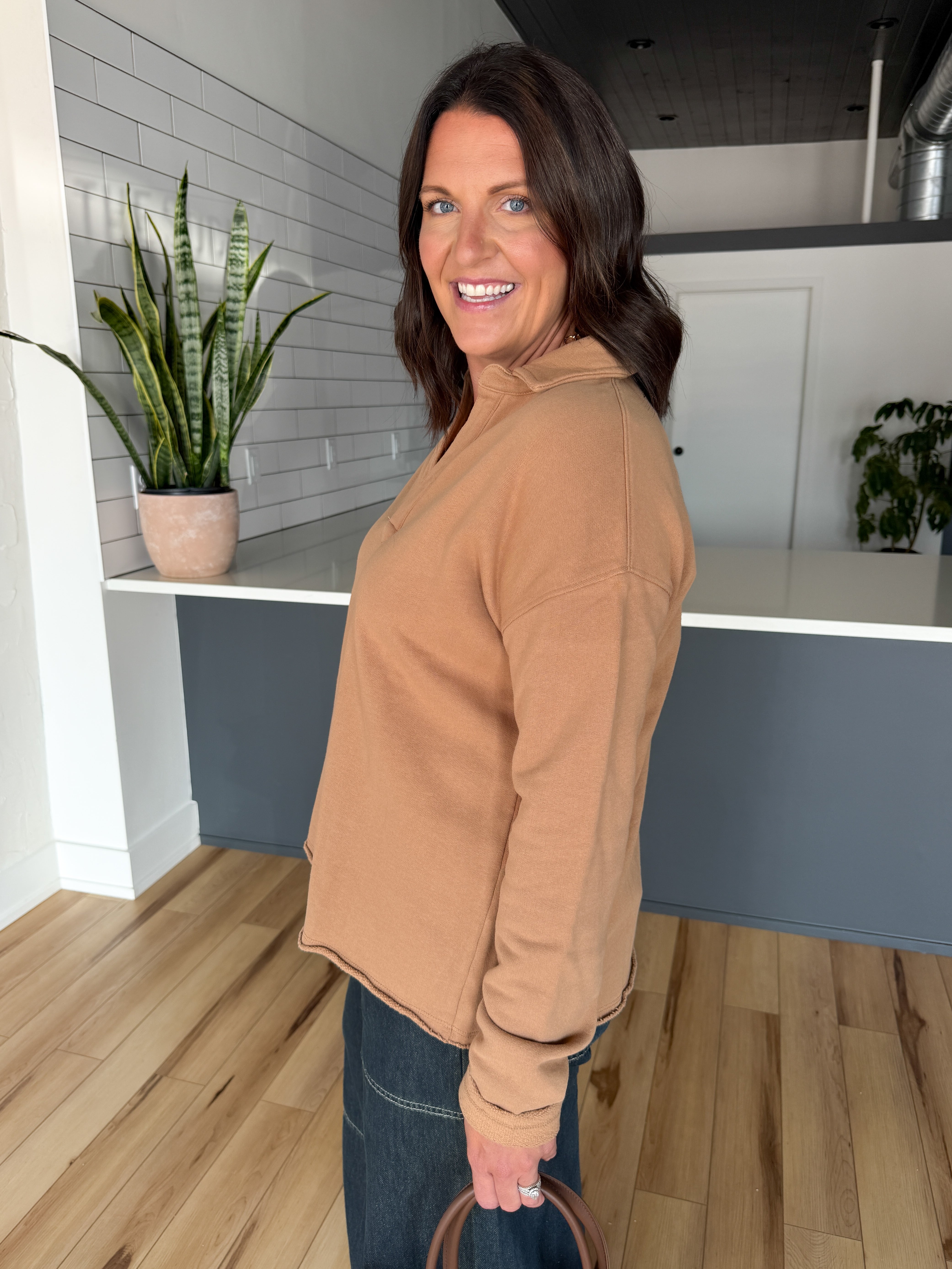 Long Sleeve Henley Top- Mocha - Ana Patricia Boutique