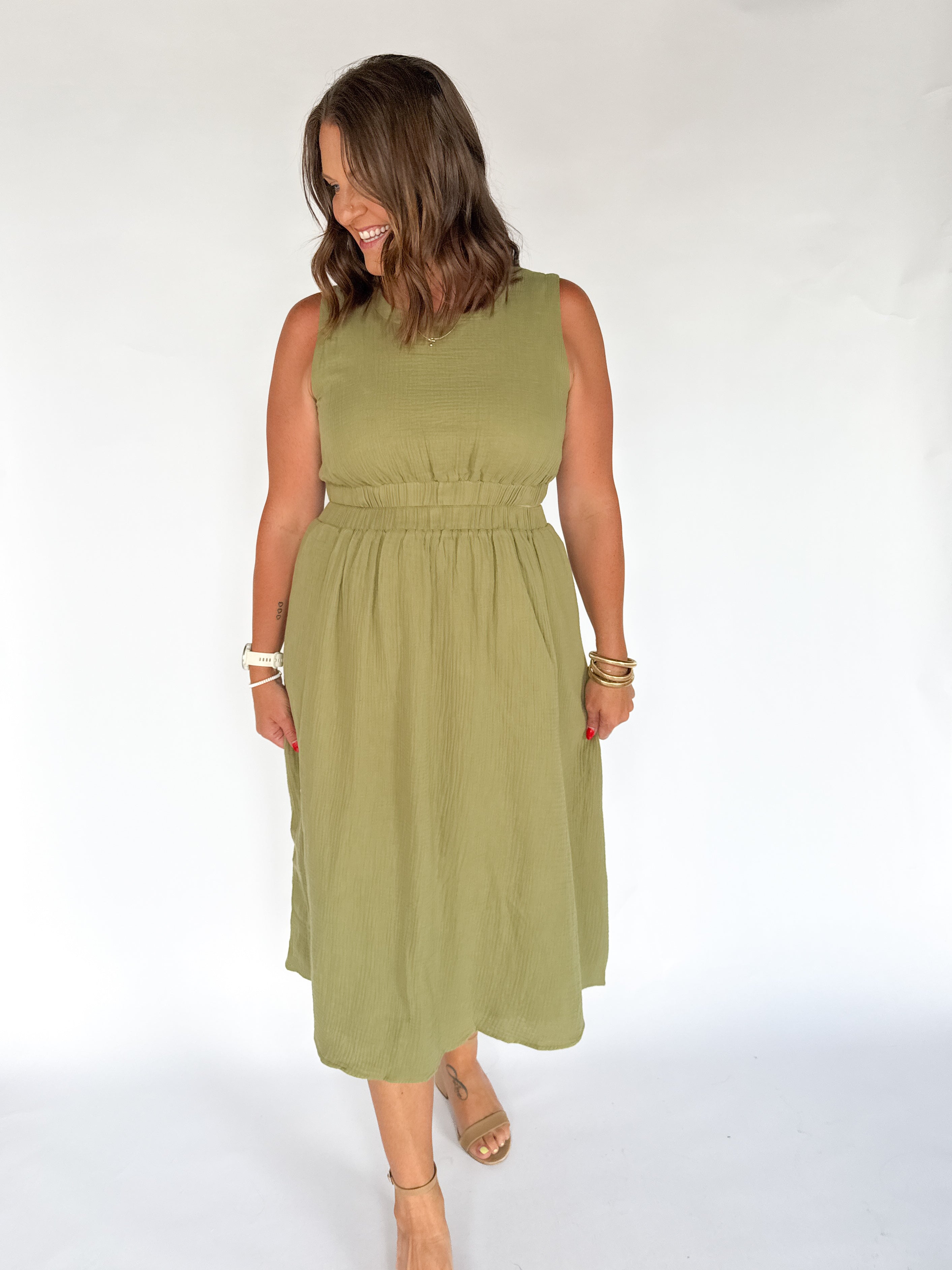 Cut Out Waist Midi Dress- Olive - Ana Patricia Boutique