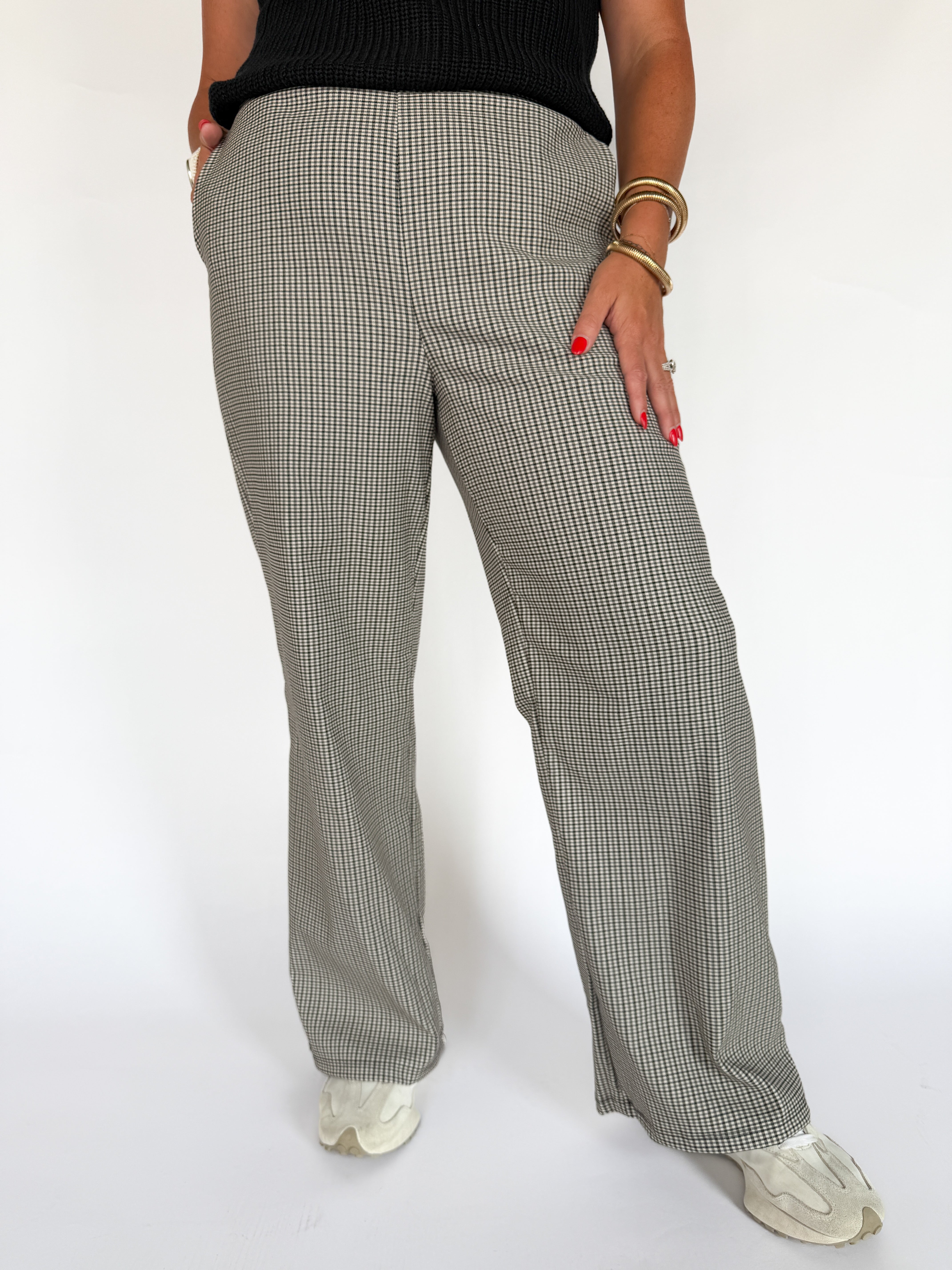 Pleated Check Pants-Beige/Grey - Ana Patricia Boutique